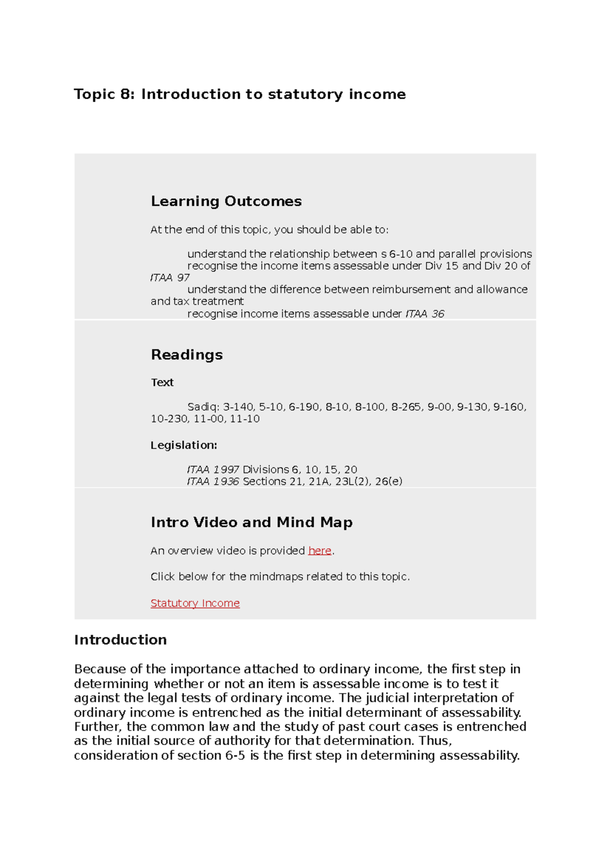 Topic 8 - Introduction to statutory income - Topic 8: Introduction to ...