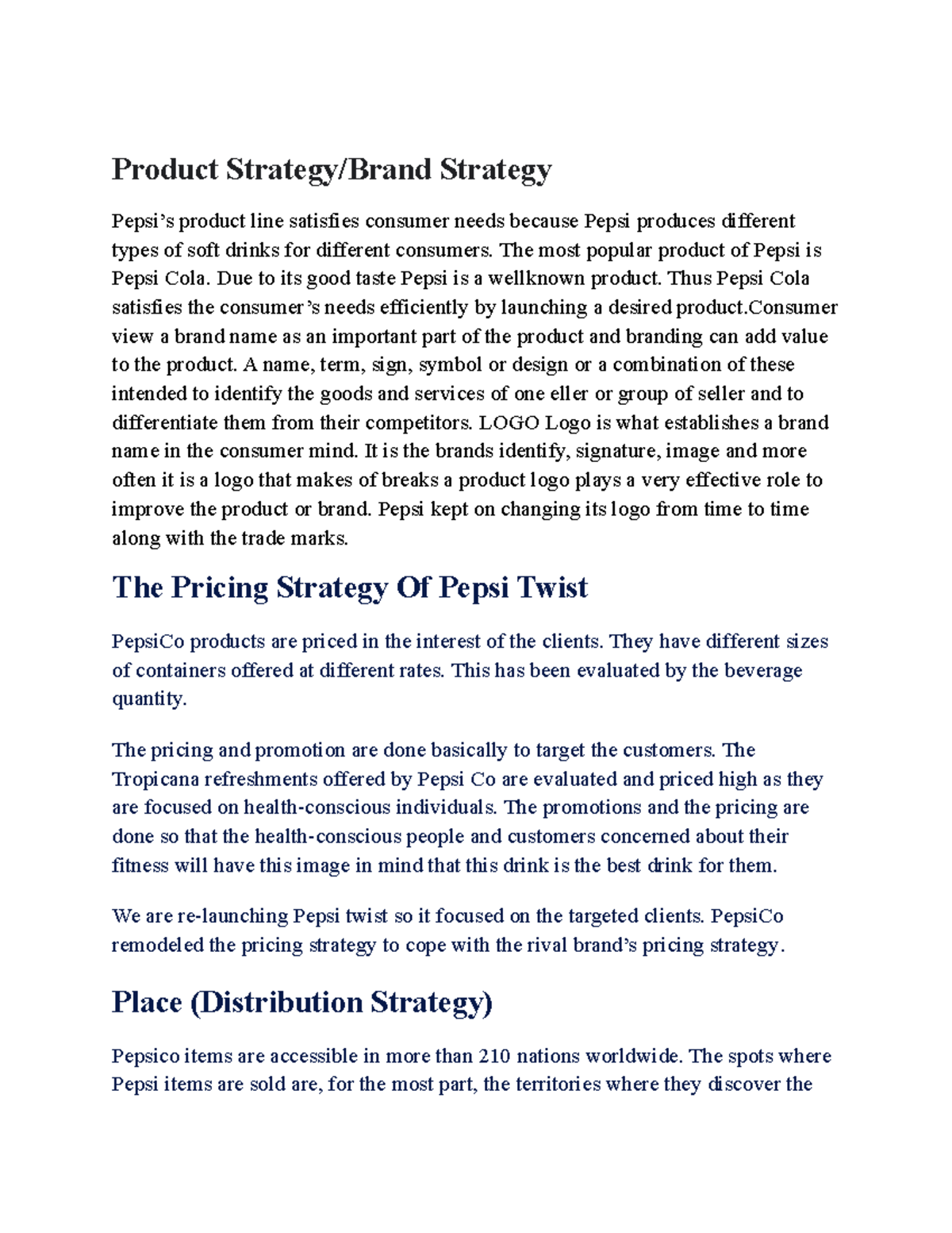 Marketing Work) - ........... - Product Strategy/Brand Strategy Pepsi’s ...