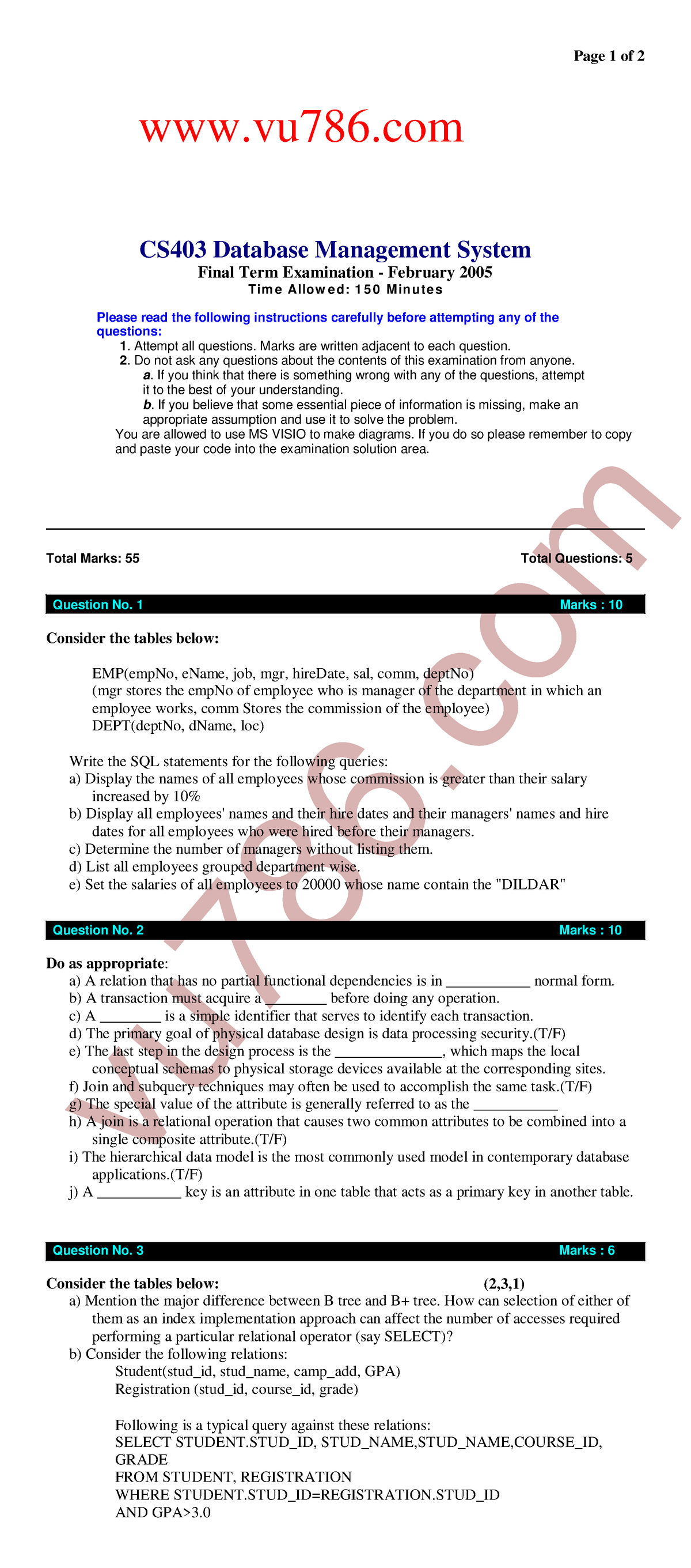 Cs403 Final Term 7 Www - Ewfefwewewef - Vu786 Page 1 Of 2 Vu786 CS403 ...