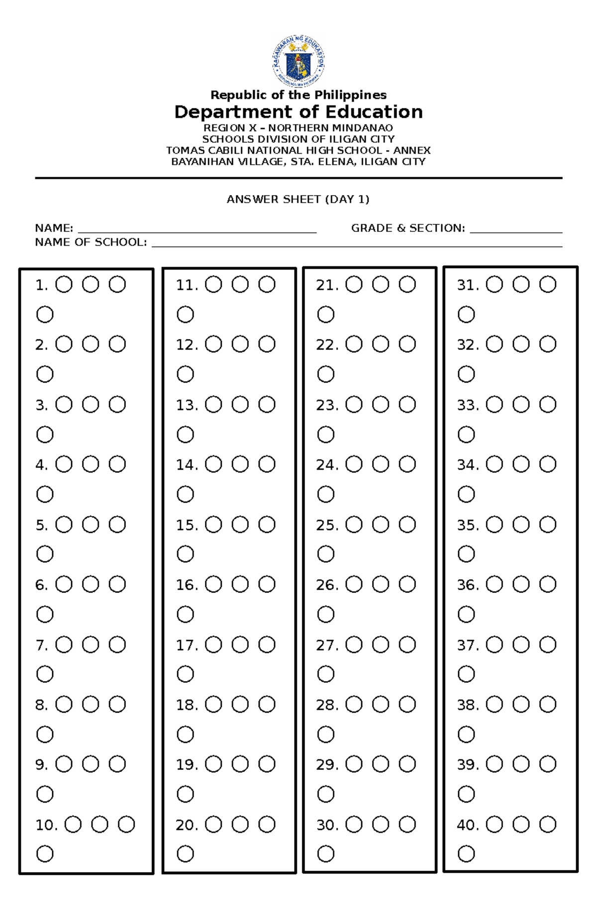 Answer Sheet - Republic of the Philippines Department of Education ...