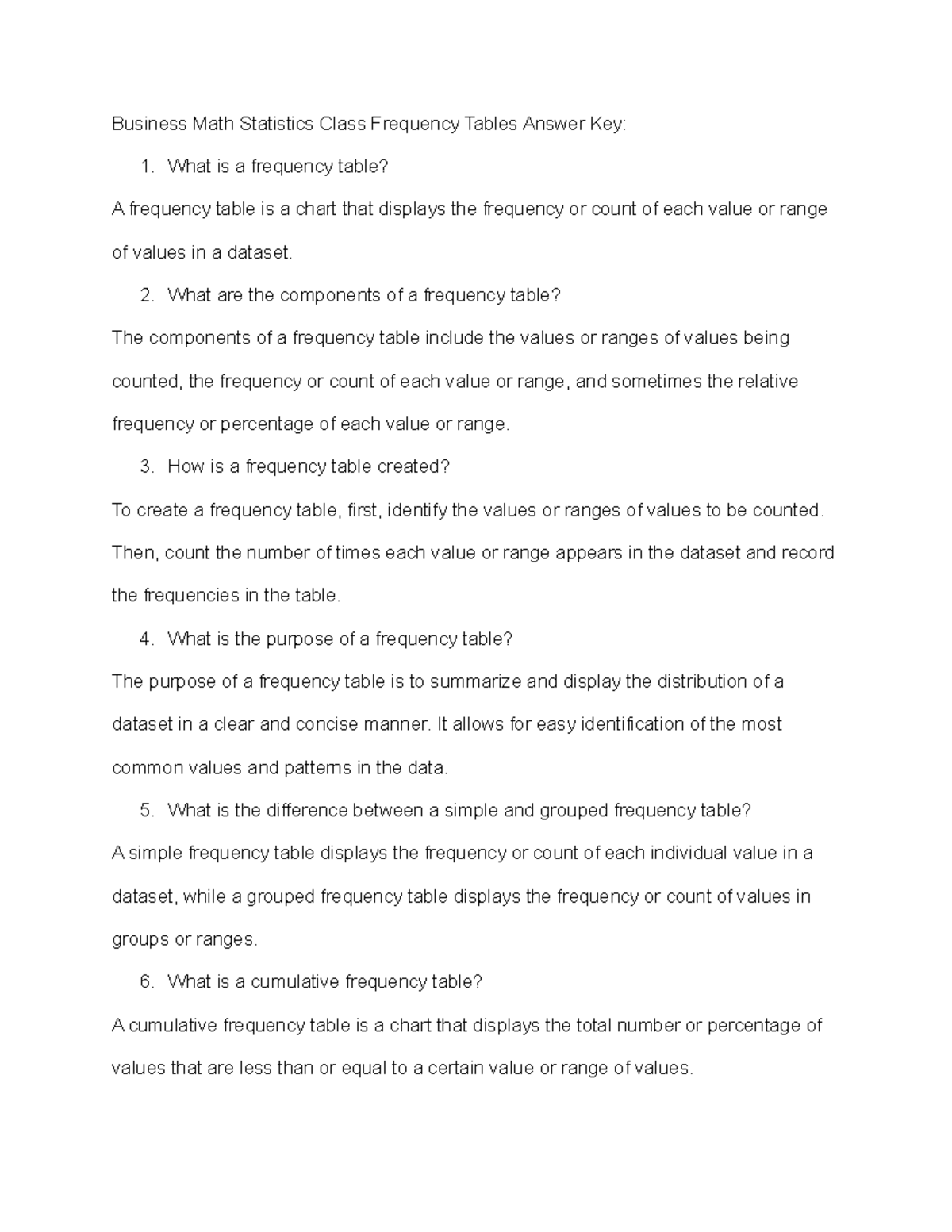 Business Math Statistics Class Frequency Tables Answer Key - What is a ...