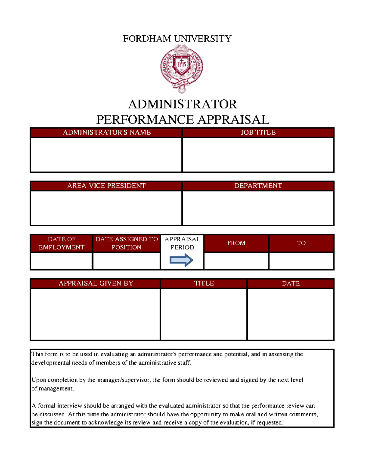 Appraisal Form for Administrators - This form is to be used in ...