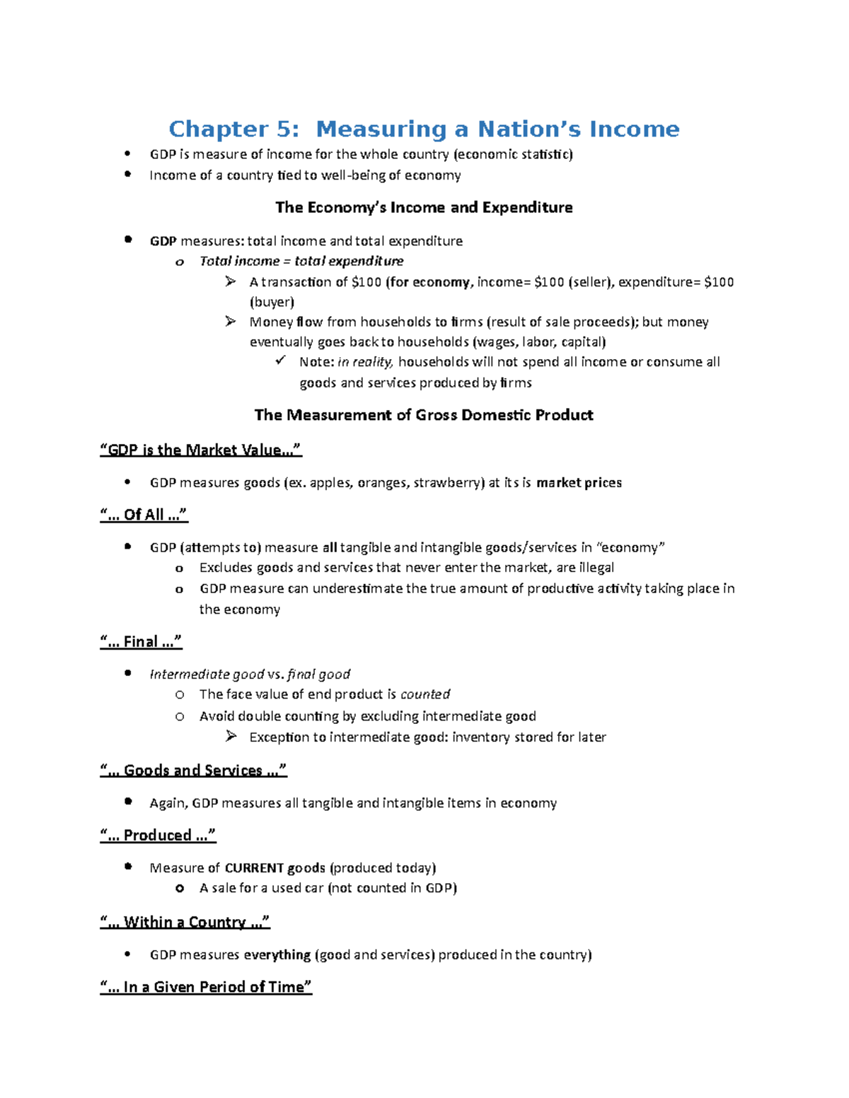 Chapter 5 macro econ - Chapter 5: Measuring a Nation’s Income GDP is ...