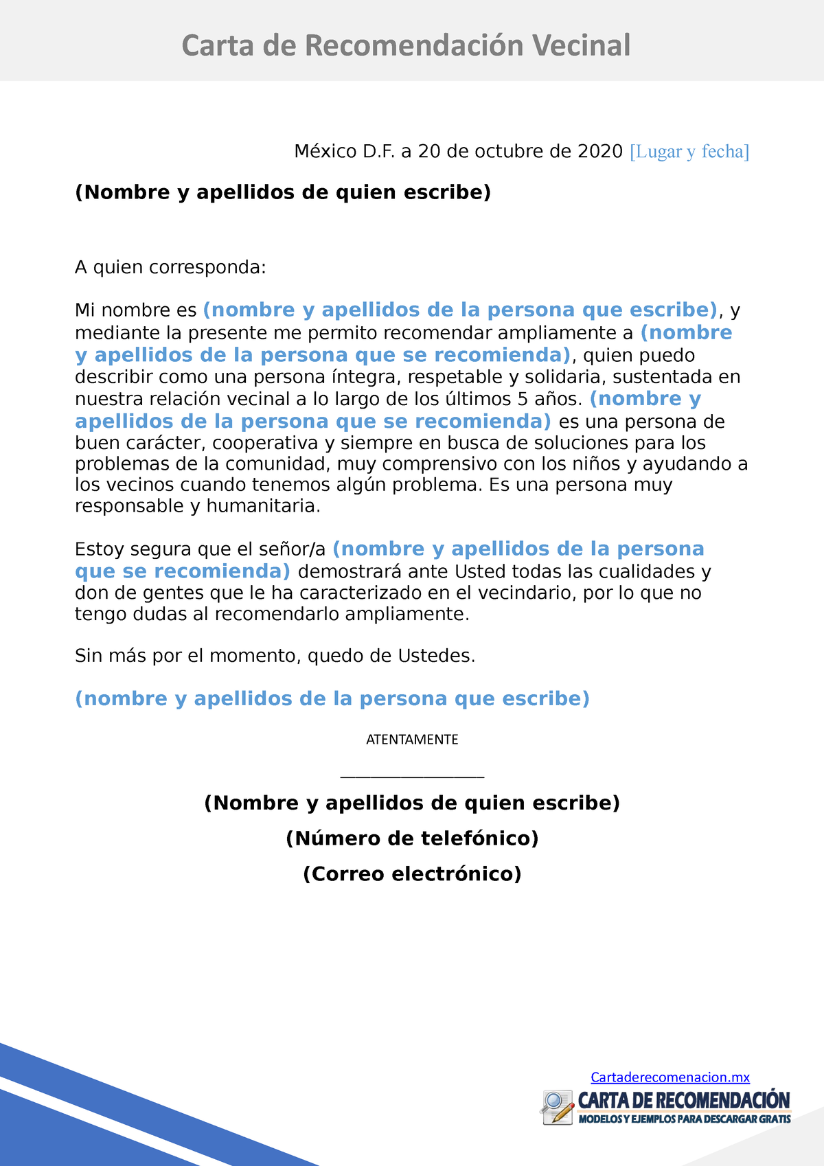 Modelo De Carta De Recomendacion Vecinal Word Derecho Universidad
