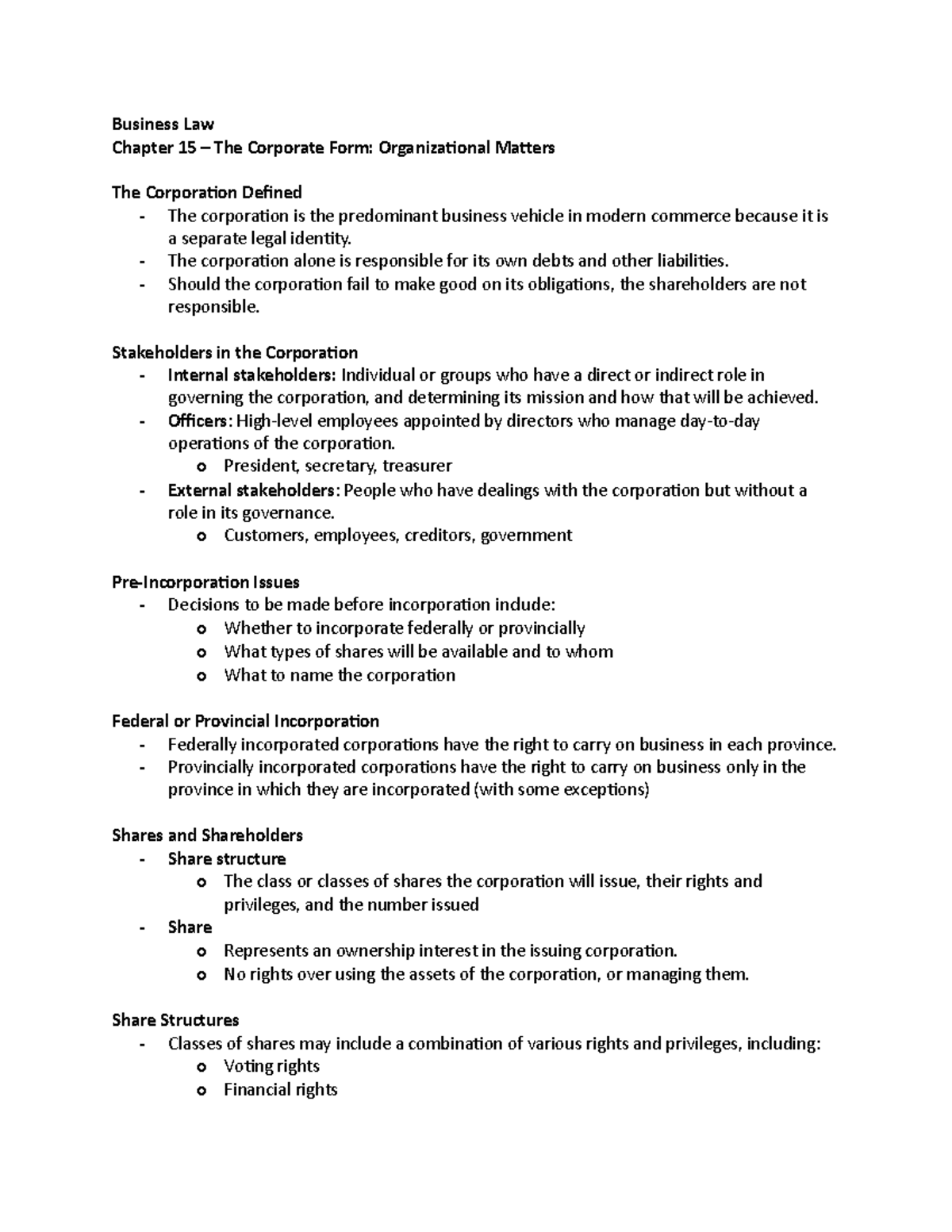 Business Law - Chapter 15 - Business Law Chapter 15 – The Corporate ...