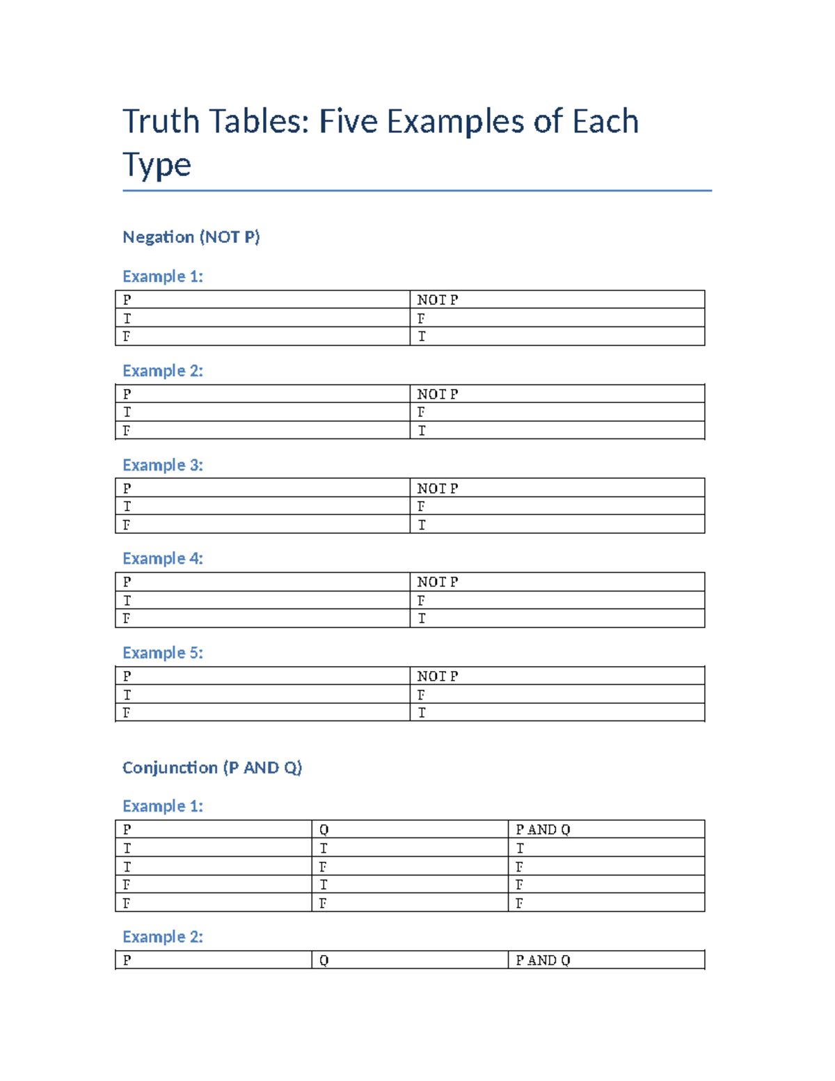 Truth Tables 5 Examples Each - Truth Tables: Five Examples of Each Type ...