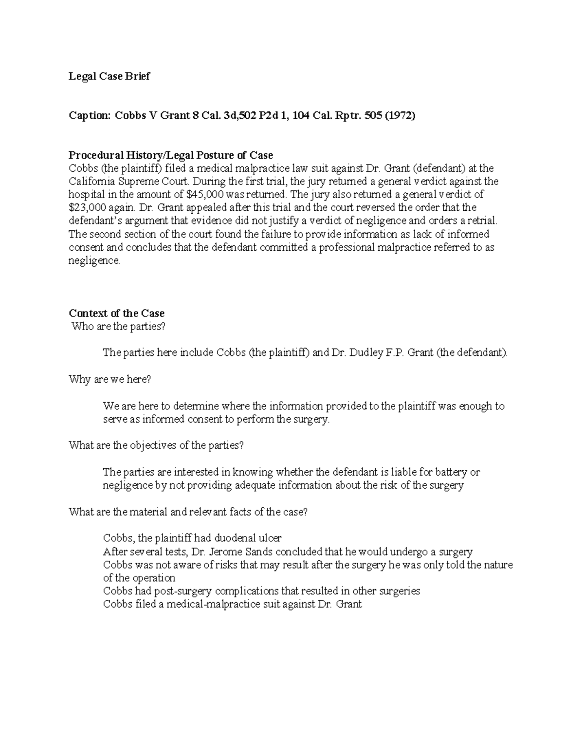 703 cobbs case - Ethical dilemma - Legal Case Brief Caption: Cobbs V ...