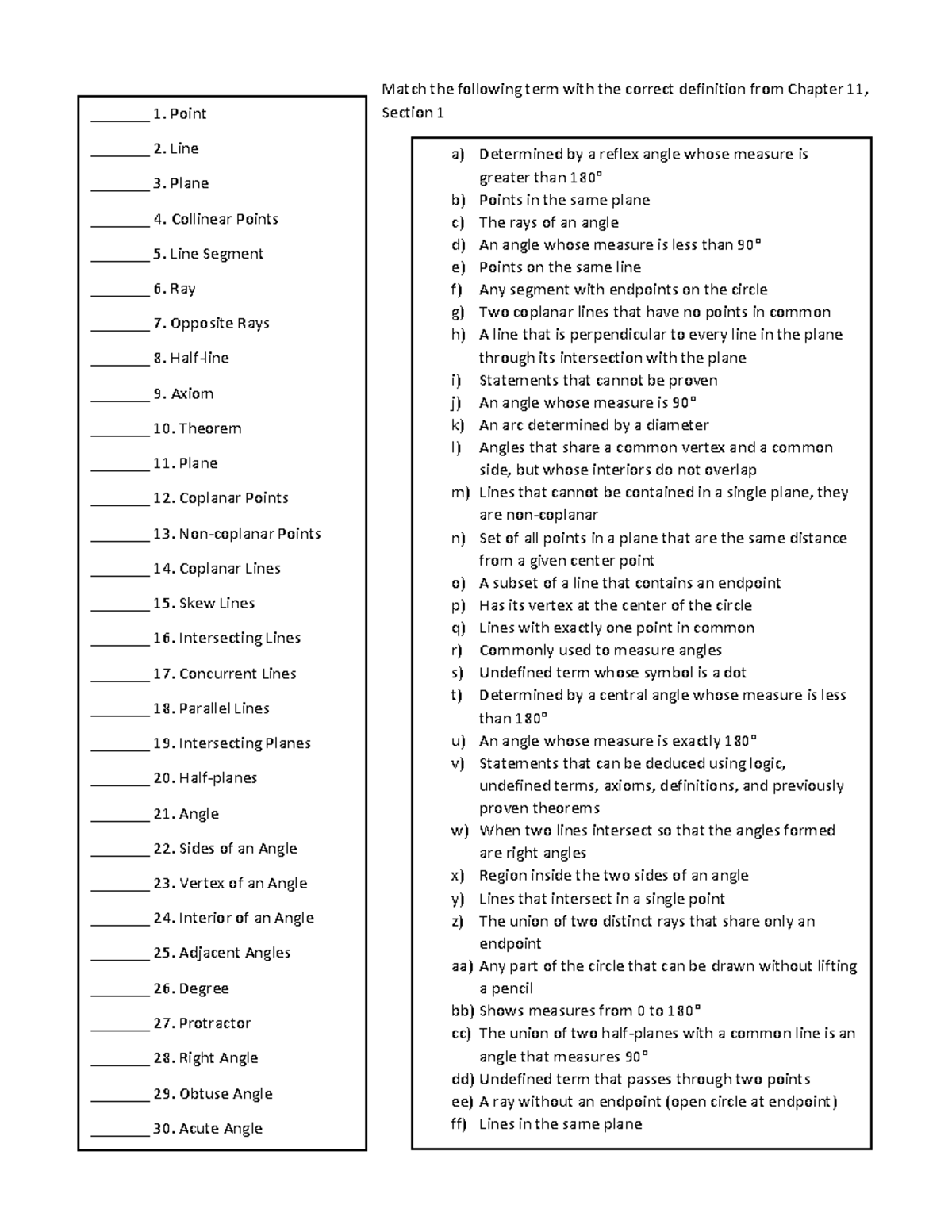 Chapter 11, Section 1 Matching Terms - Match the following term with ...