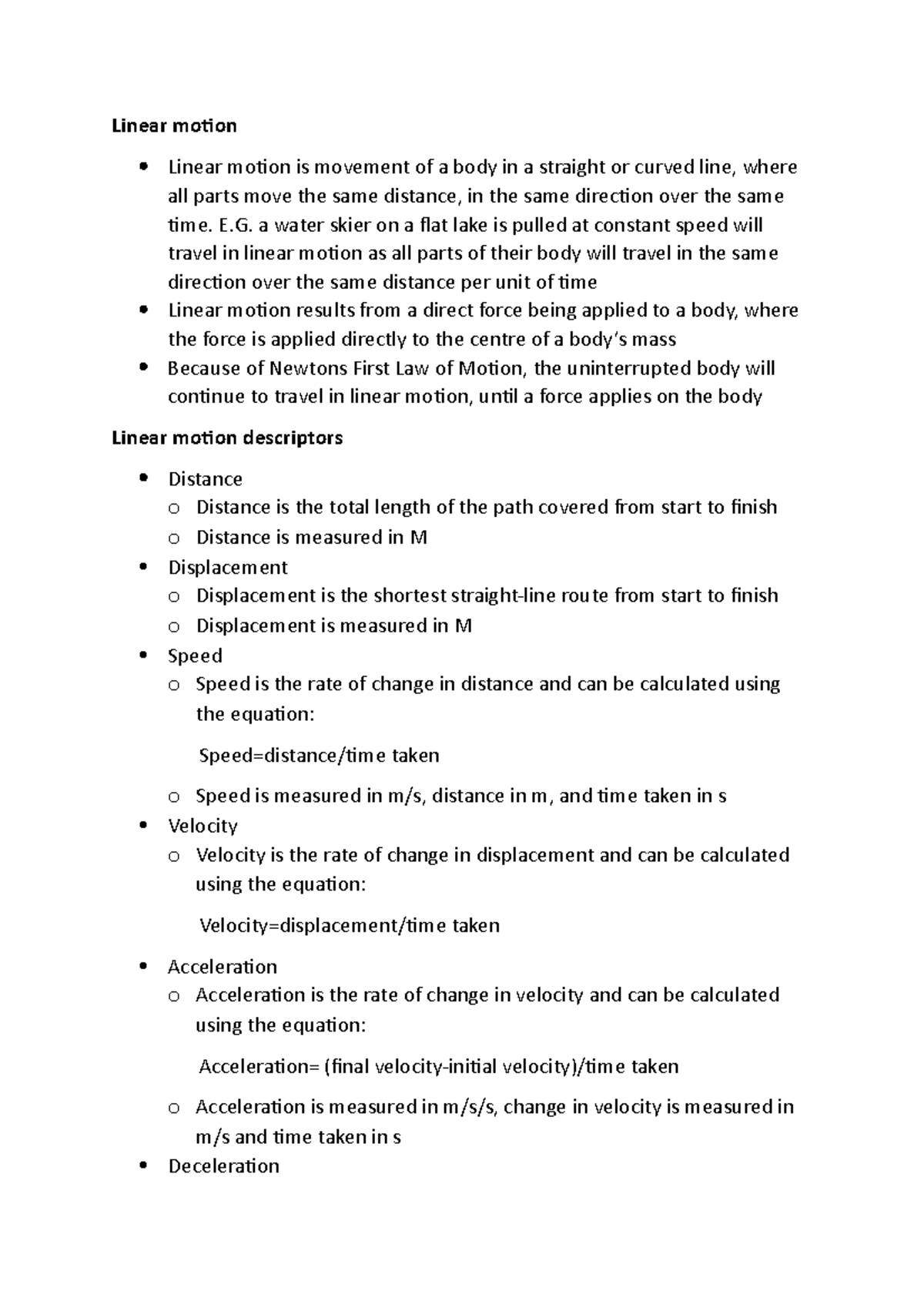 Biomech, complete notes - Linear motion Linear motion is movement of a ...