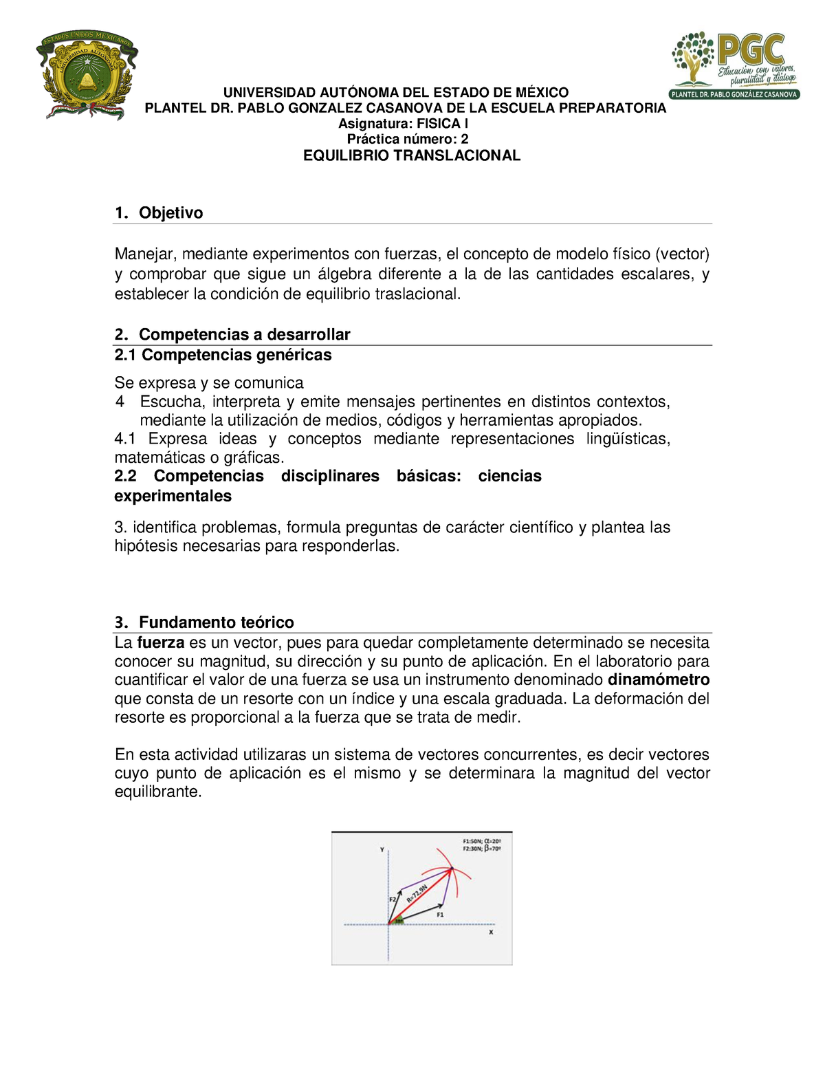 Practica No 2 Equilibrio Translacional - PLANTEL DR. PABLO GONZALEZ ...