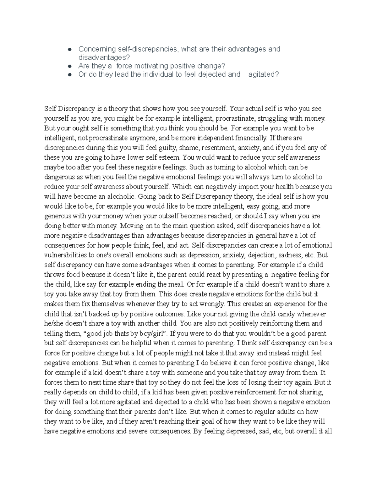 Assignment 5 - psyc - Concerning self-discrepancies, what are their ...