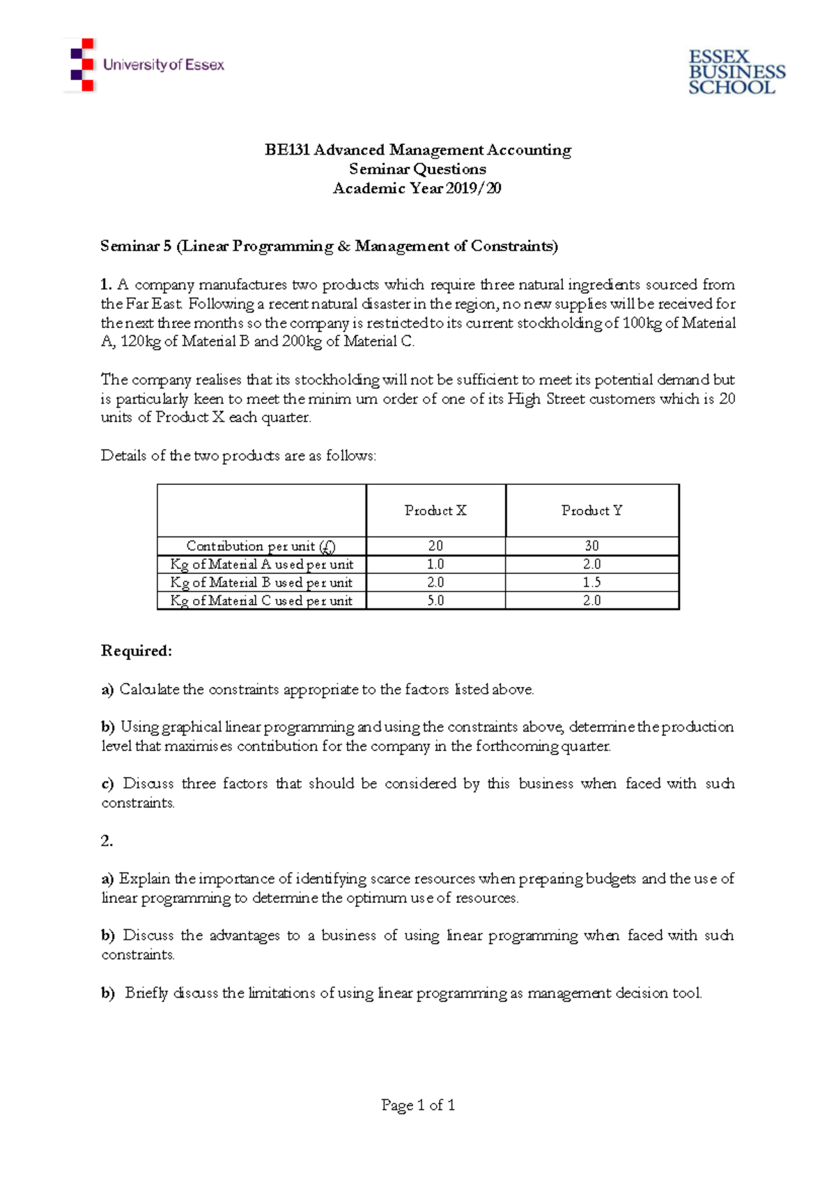 Seminar 5-Linear Programming-2019 - Page 1 of 1 BE131 Advanced ...
