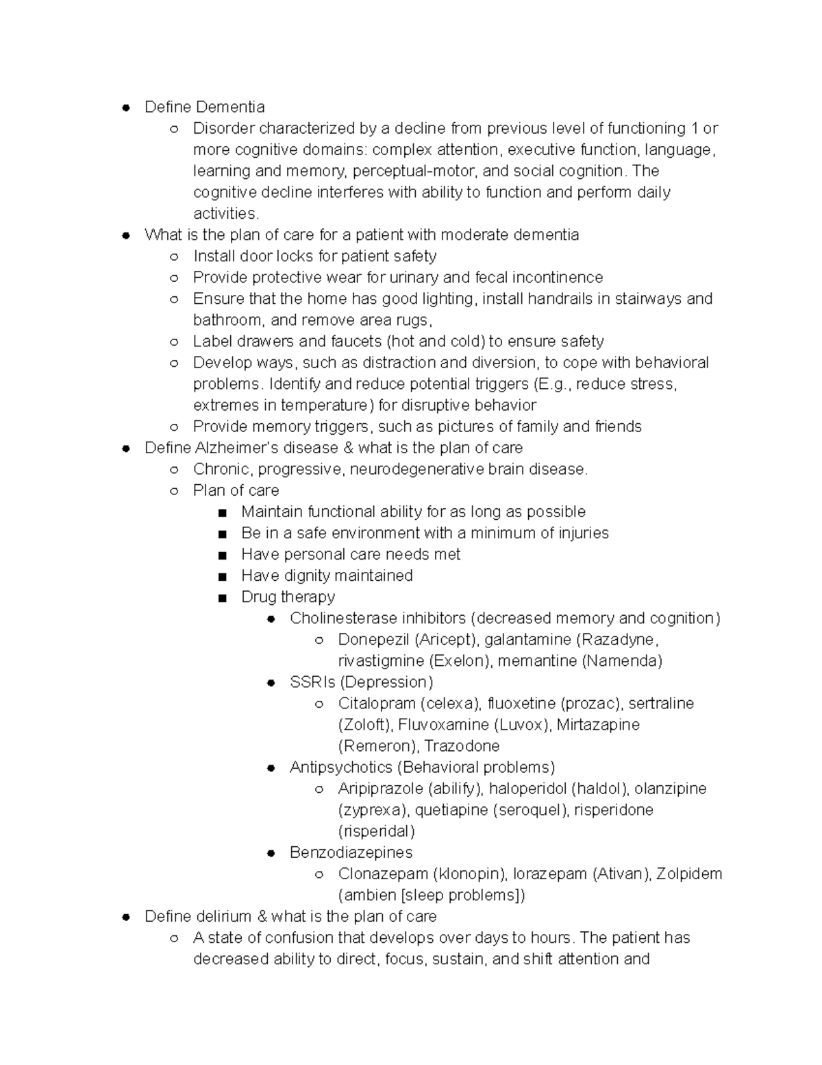 NUR 201 Exam 4 concepts - Define Dementia Disorder characterized by a ...