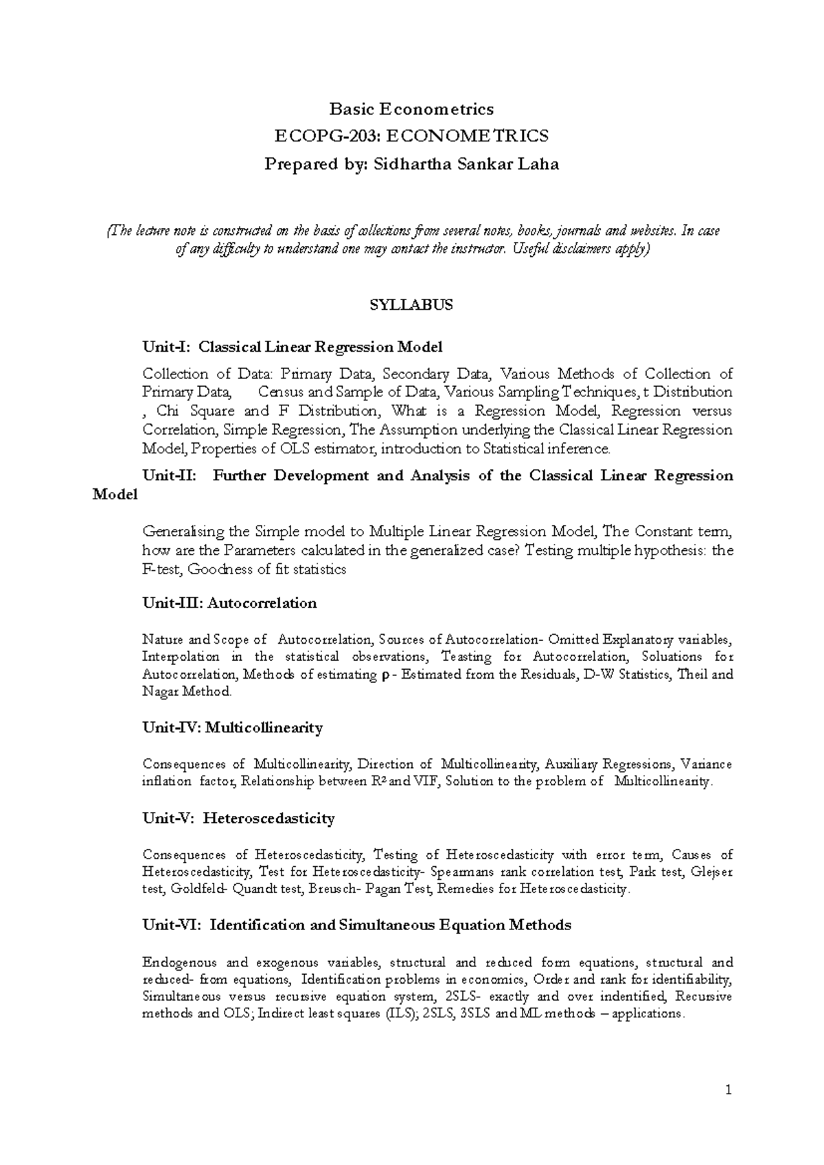 Study Materials Econometrics compressed - Basic Econometrics ECOPG-203 ...