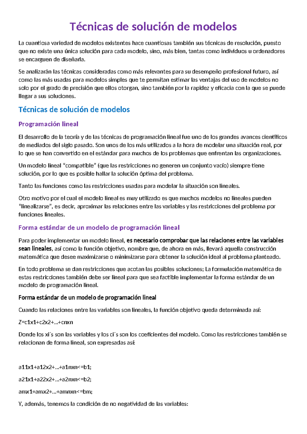 Resumen m1l2 :D - Técnicas de solución de modelos La cuantiosa variedad ...
