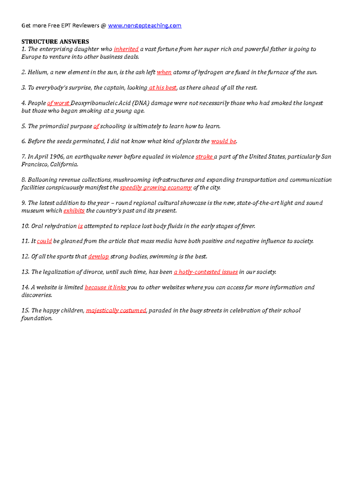 Structure-Test-Answers - Get more Free EPT Reviewers @ nonstopteaching ...