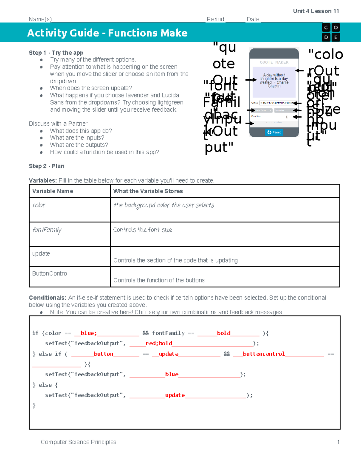 Activity Guide Functions Make Unit 4 Lesson 11 work - - Studocu