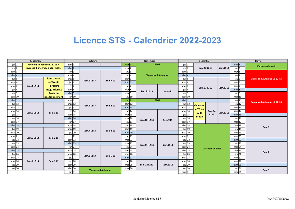 Calendrier Etudiant 2022-2023 - Ouvertur e TR en L2 le matin Férié