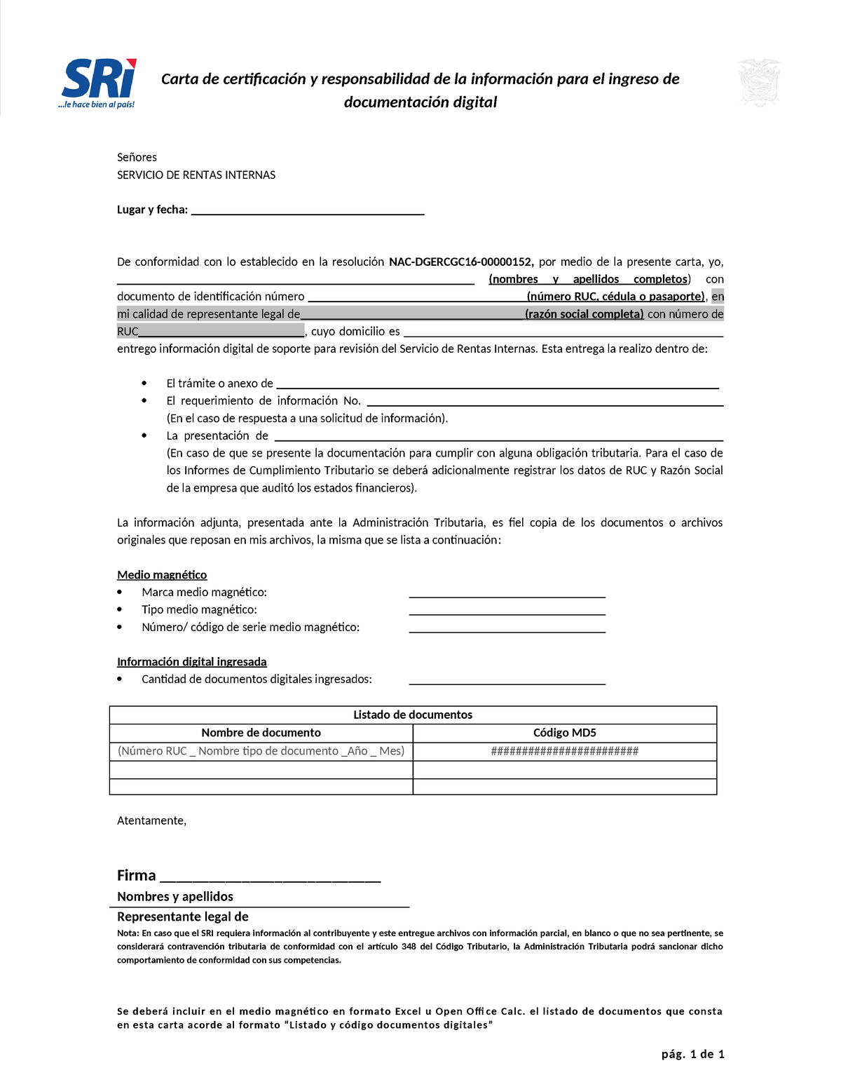 Carta De Certificaci N Y Responsabilidad De La Informaci N Para El ...