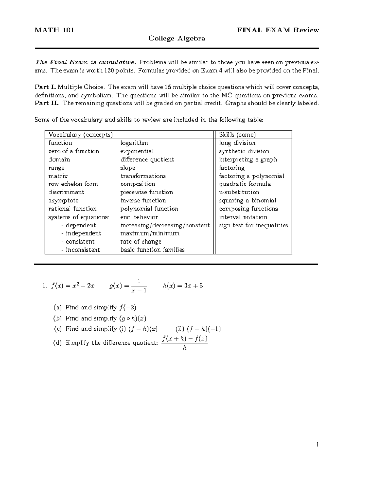 MATH19 Final Review 3 - MATH 101 FINAL EXAM Review College Algebra The ...