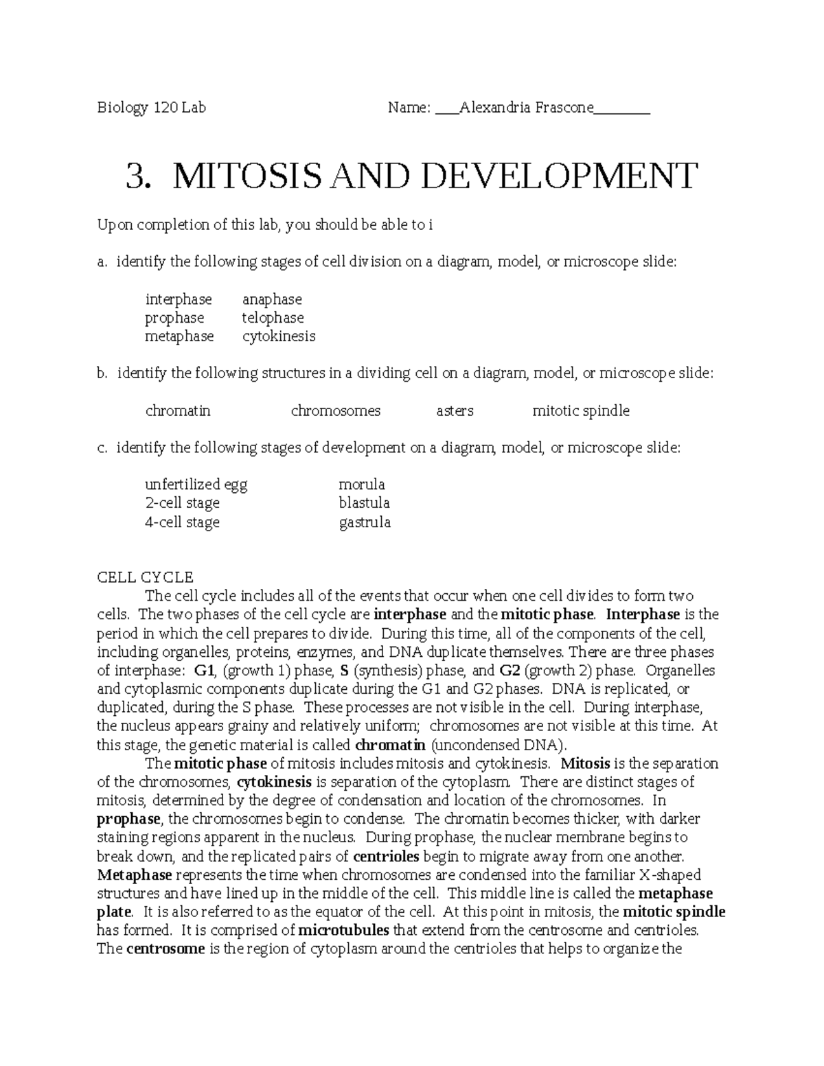3. Mitosis AND Development LAB - Biology 120 Lab Name: Alexandria ...