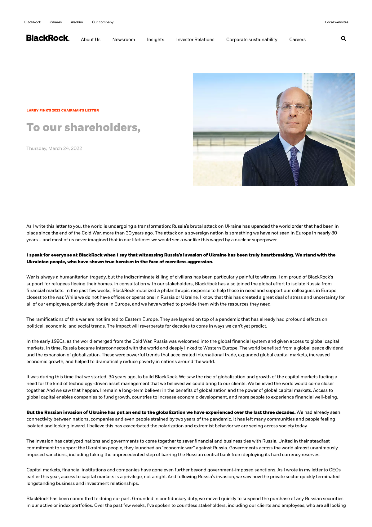 Larry Fink’s Chairman's Letter to Shareholders Black Rock BlackRock