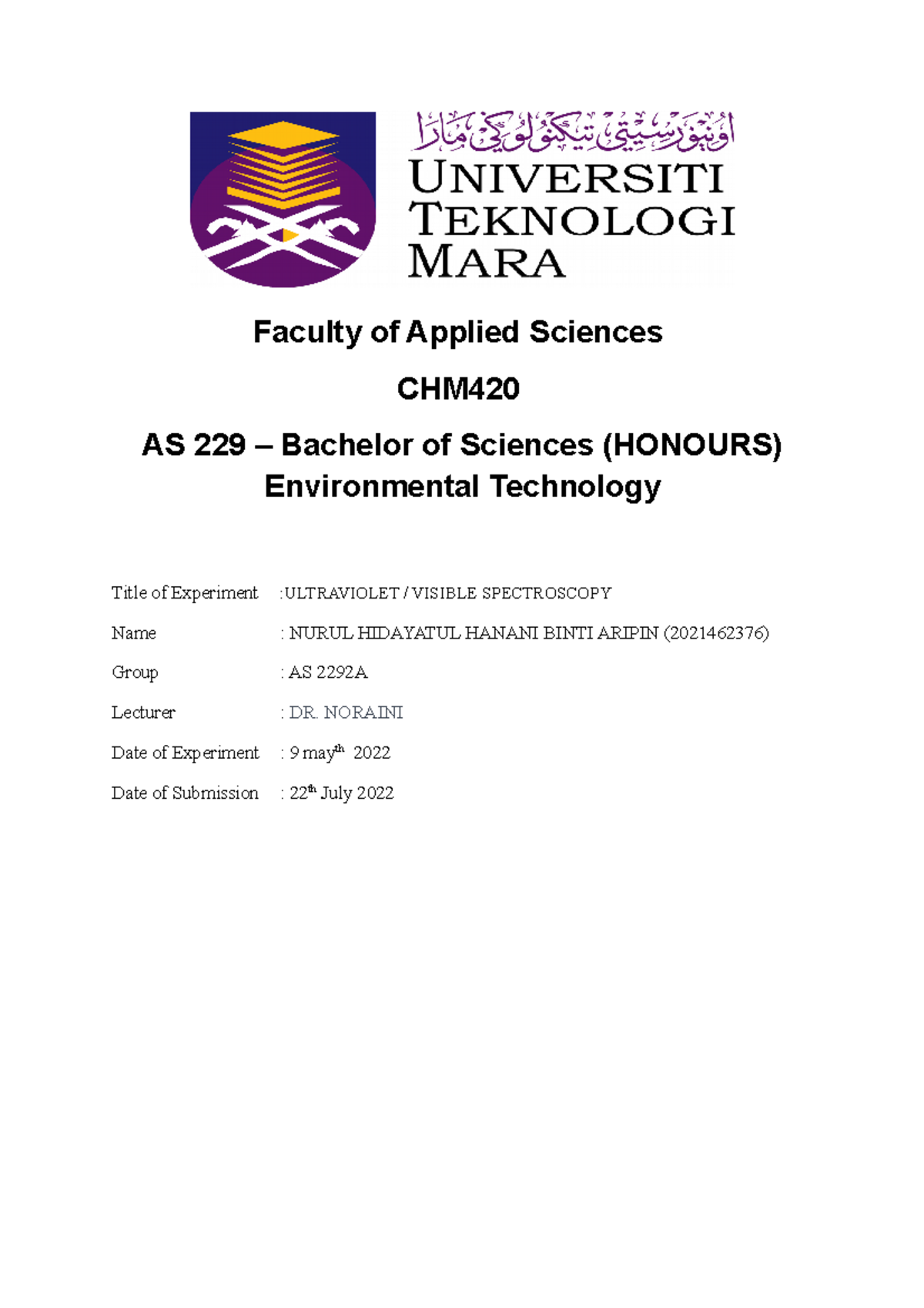 Uvvis lab report Faculty of Applied Sciences CHM AS 229 Bachelor