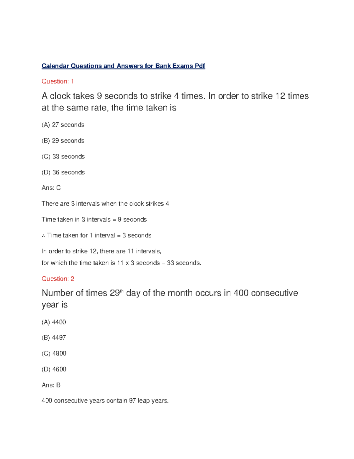 Calendar questions bank exams Calendar Questions and Answers for Bank