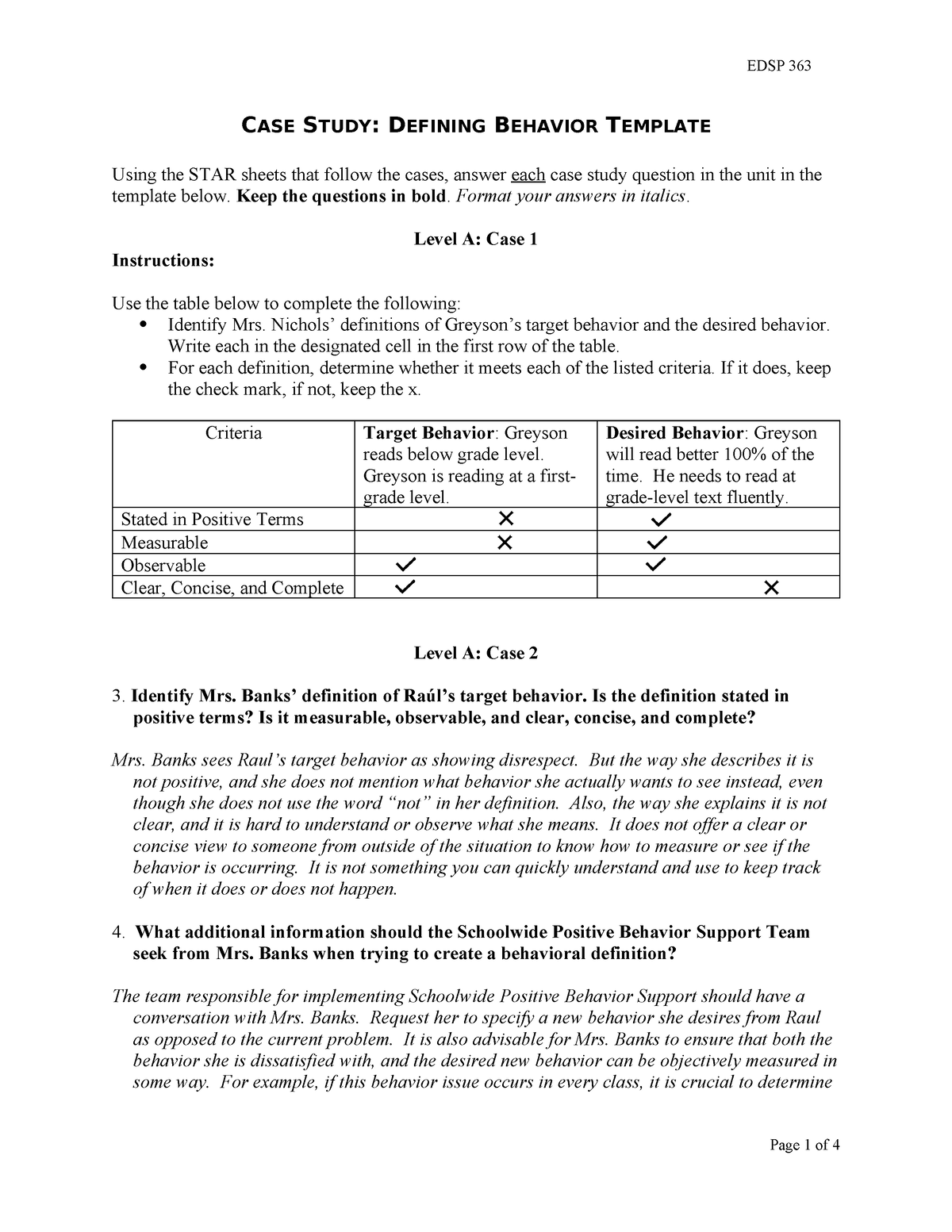 case study defining behavior template