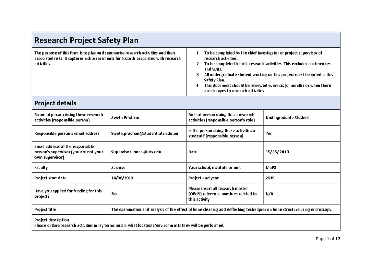 research project safety plan uts