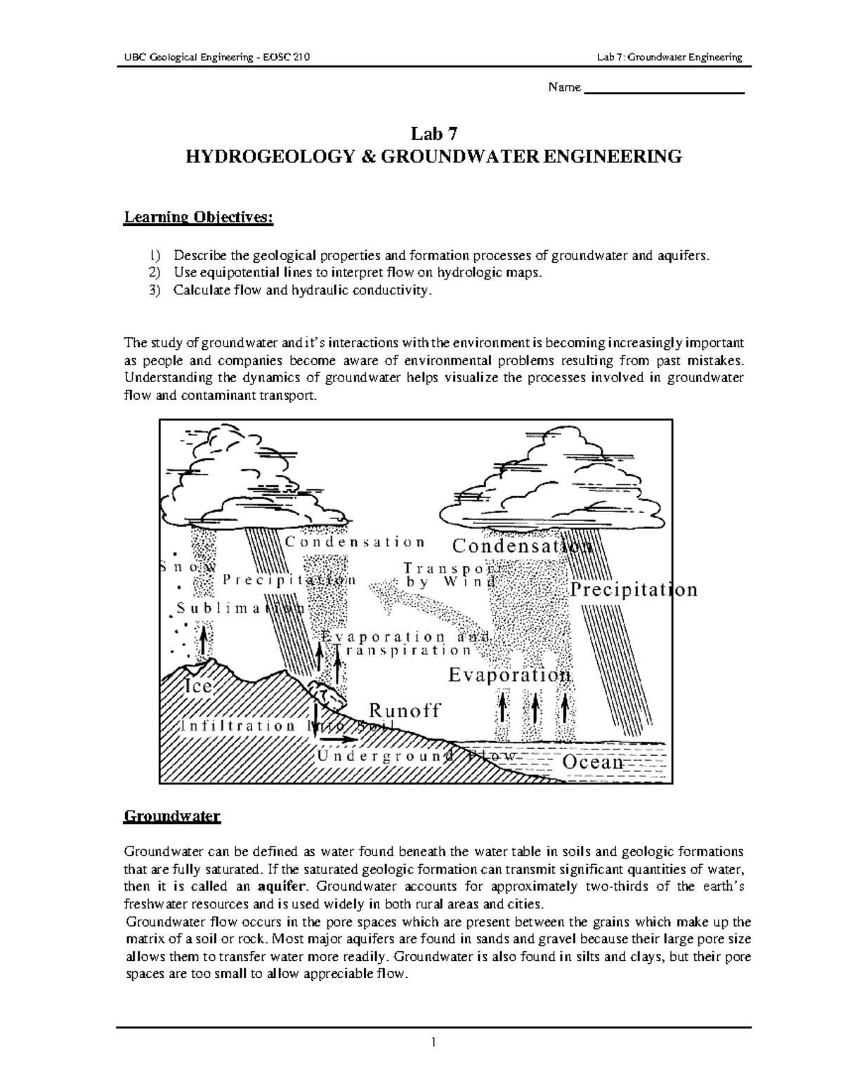 Lab 7 -Exercise- Hydrogeology - Name Lab 7 HYDROGEOLOGY & GROUNDWATER ...