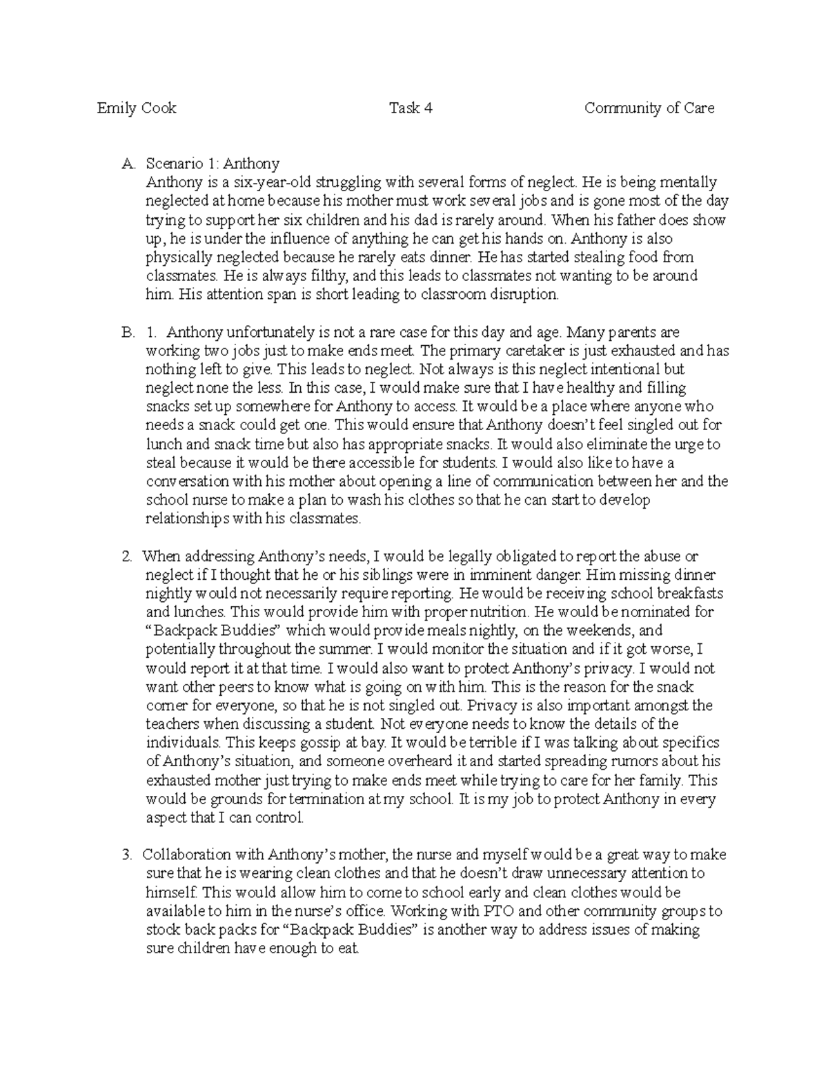 Community task4 - Task 4 - Emily Cook Task 4 Community of Care A ...