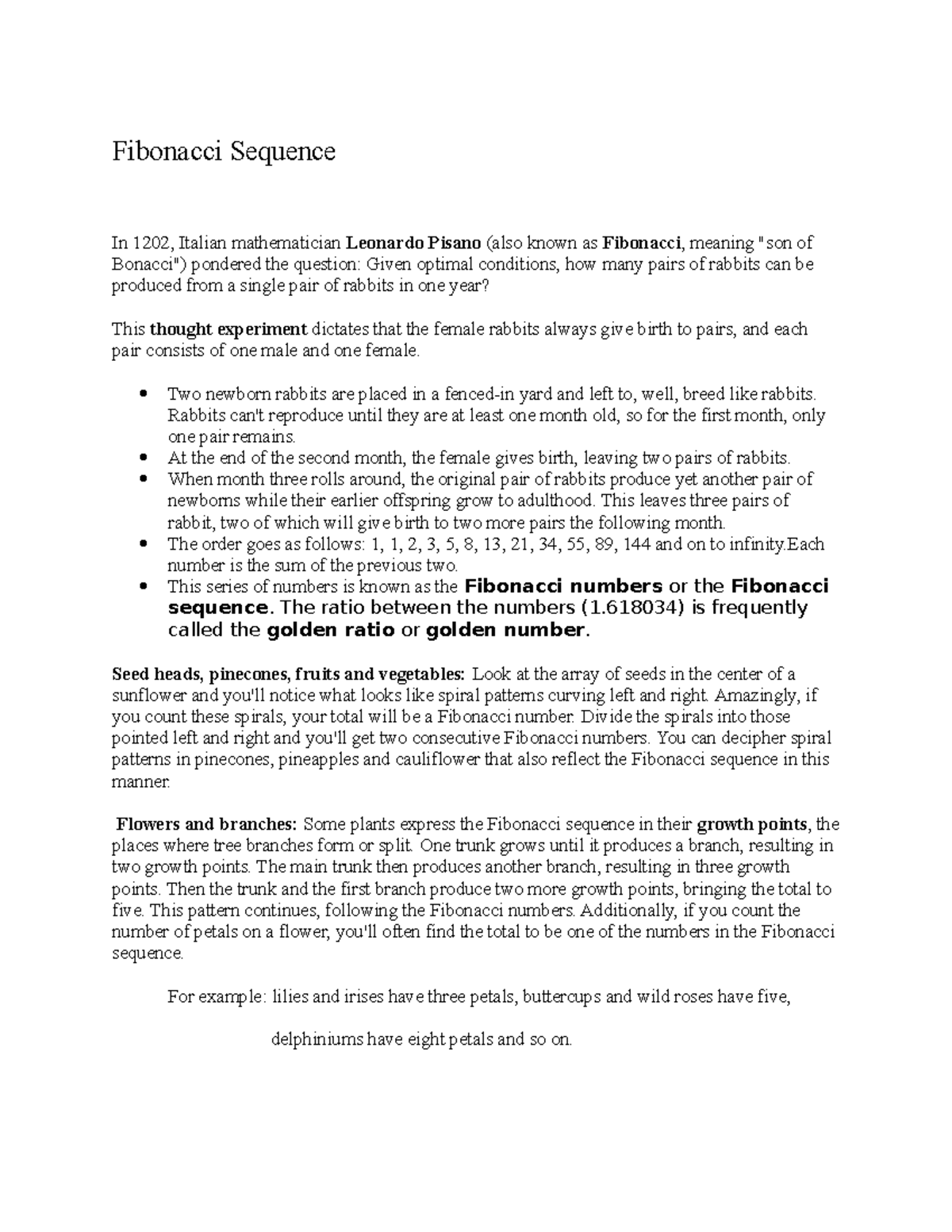 Fibonacci Sequence - Lecture notes 1 - Fibonacci Sequence In 1202 ...