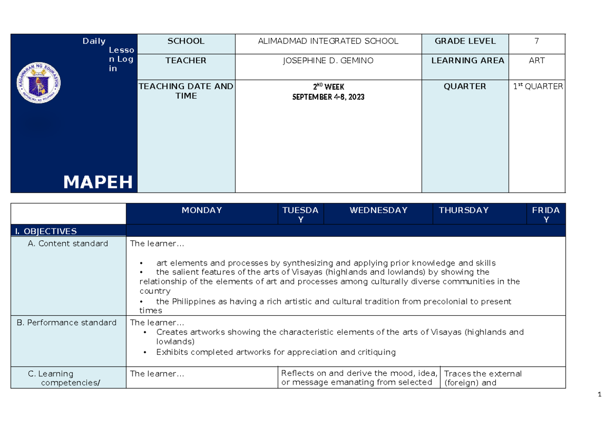 Q1 Grade 7 ARTS DLL Week 1 - Daily Lesso n Log in MAPEH SCHOOL ...