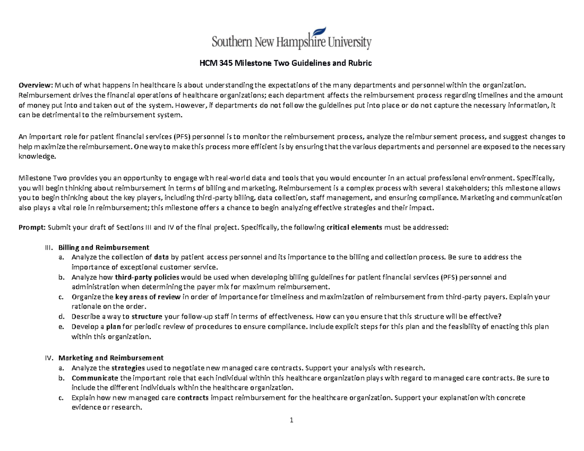 HCM 345 Milestone Two Guidelines And Rubric 1 HCM 345 Milestone Two 