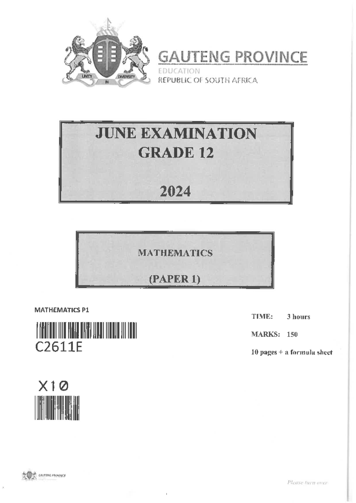 Maths P1 - CODE GAUTENG PROVINCE EDUCATION UNITY REPUBLIC OF SOUTH ...