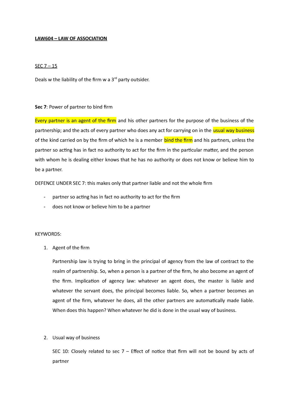 Topic 3: Section 7 - 15 - LAW604 – LAW OF ASSOCIATION SEC 7 – 15 Deals ...