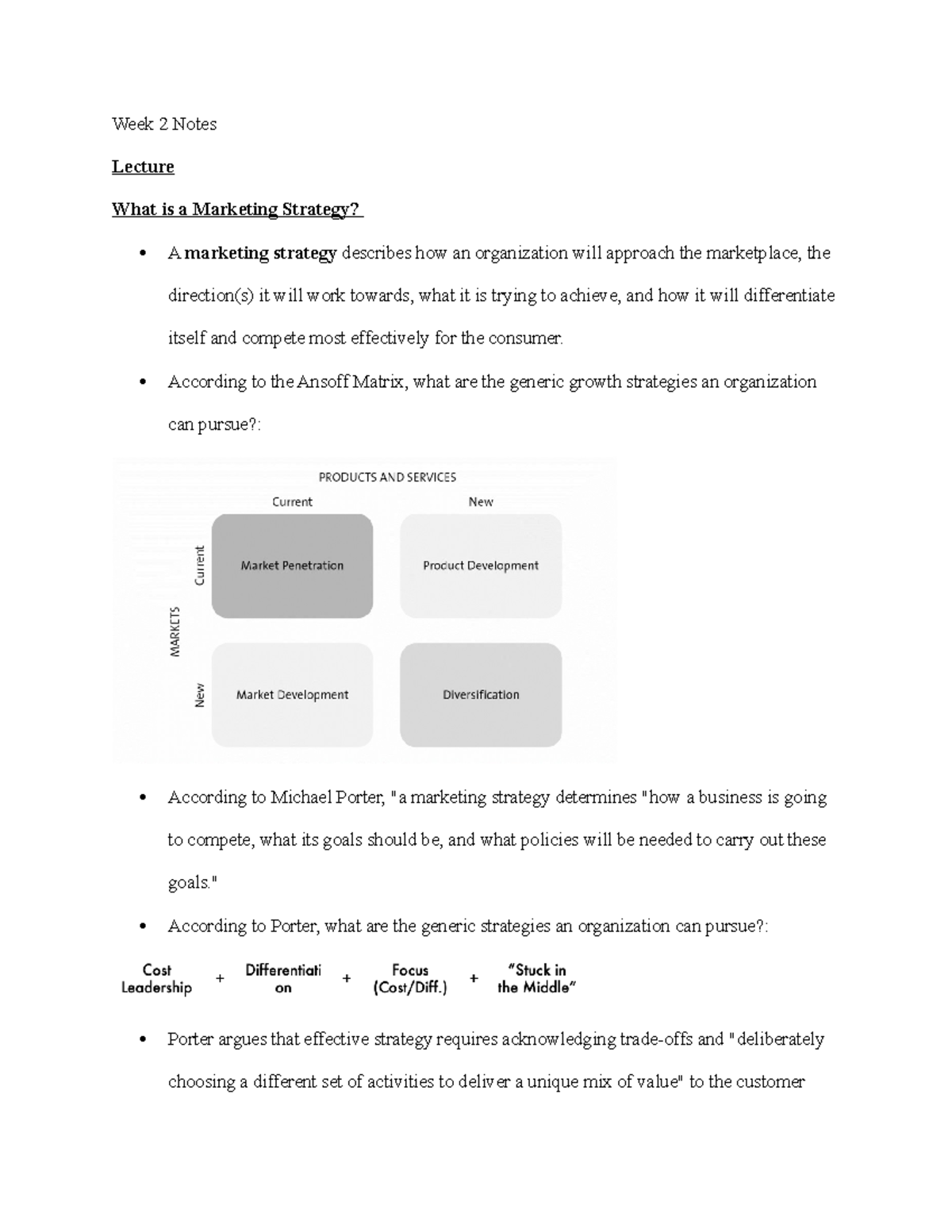 Week 2 Notes - Week 2 Notes Lecture What is a Marketing Strategy? A ...