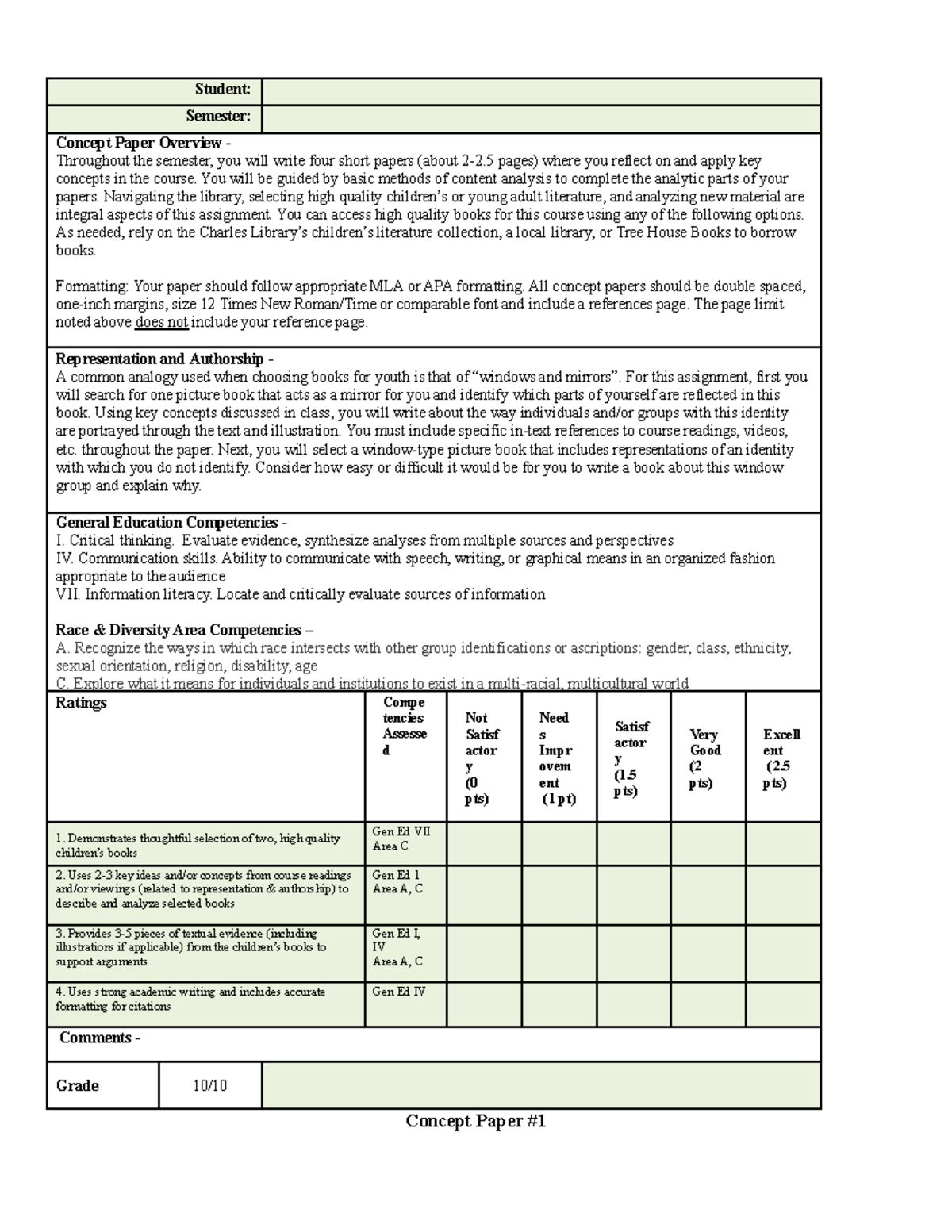 Concept Paper 1 Rubric Final - Student: Semester: Concept Paper ...