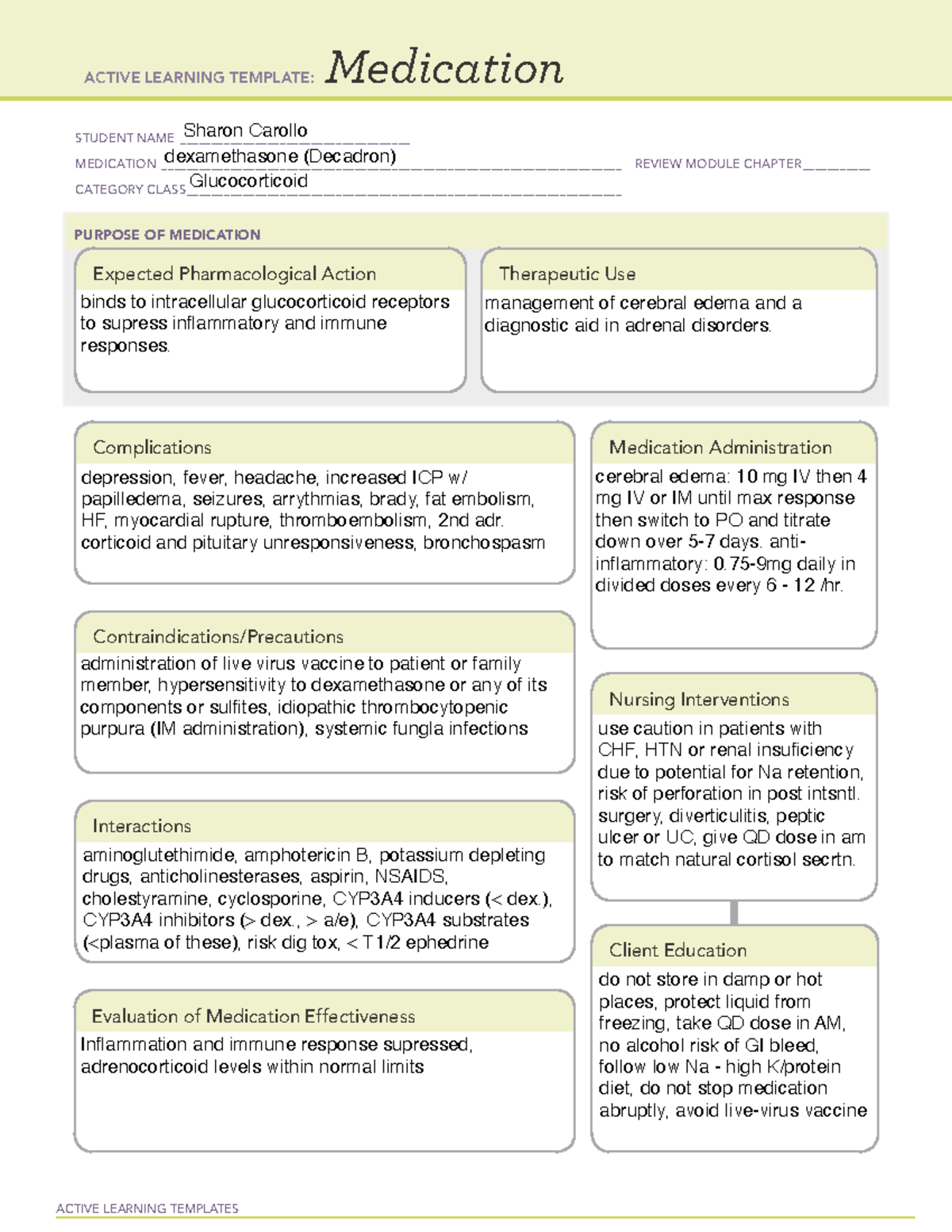 Dexamethasone - ALT - ACTIVE LEARNING TEMPLATES Medication STUDENT NAME ...