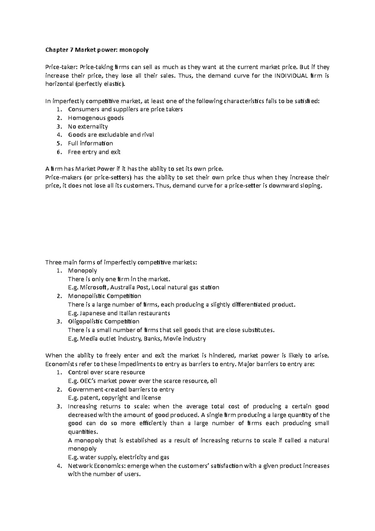 1101 Revision Chapter 7-10 - Chapter 7 Market power: monopoly Price ...