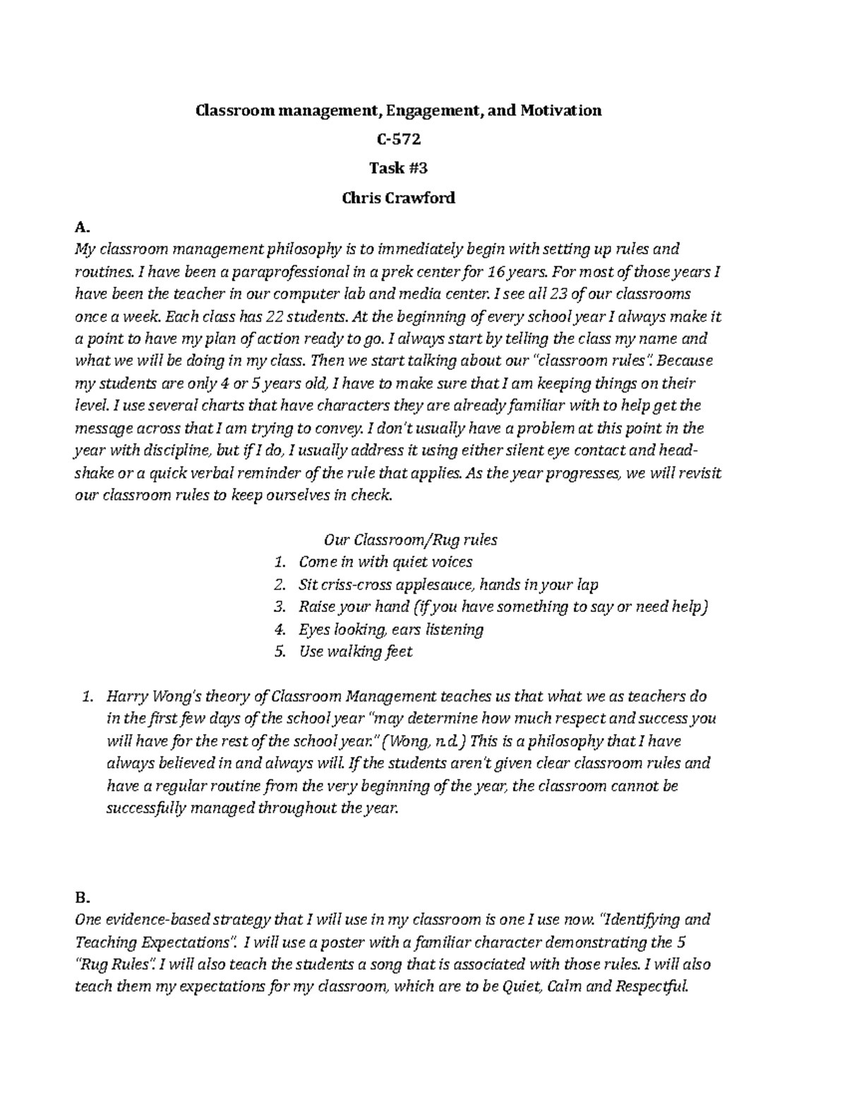 Classroom Management Task 3 Classroom Management Engagement And