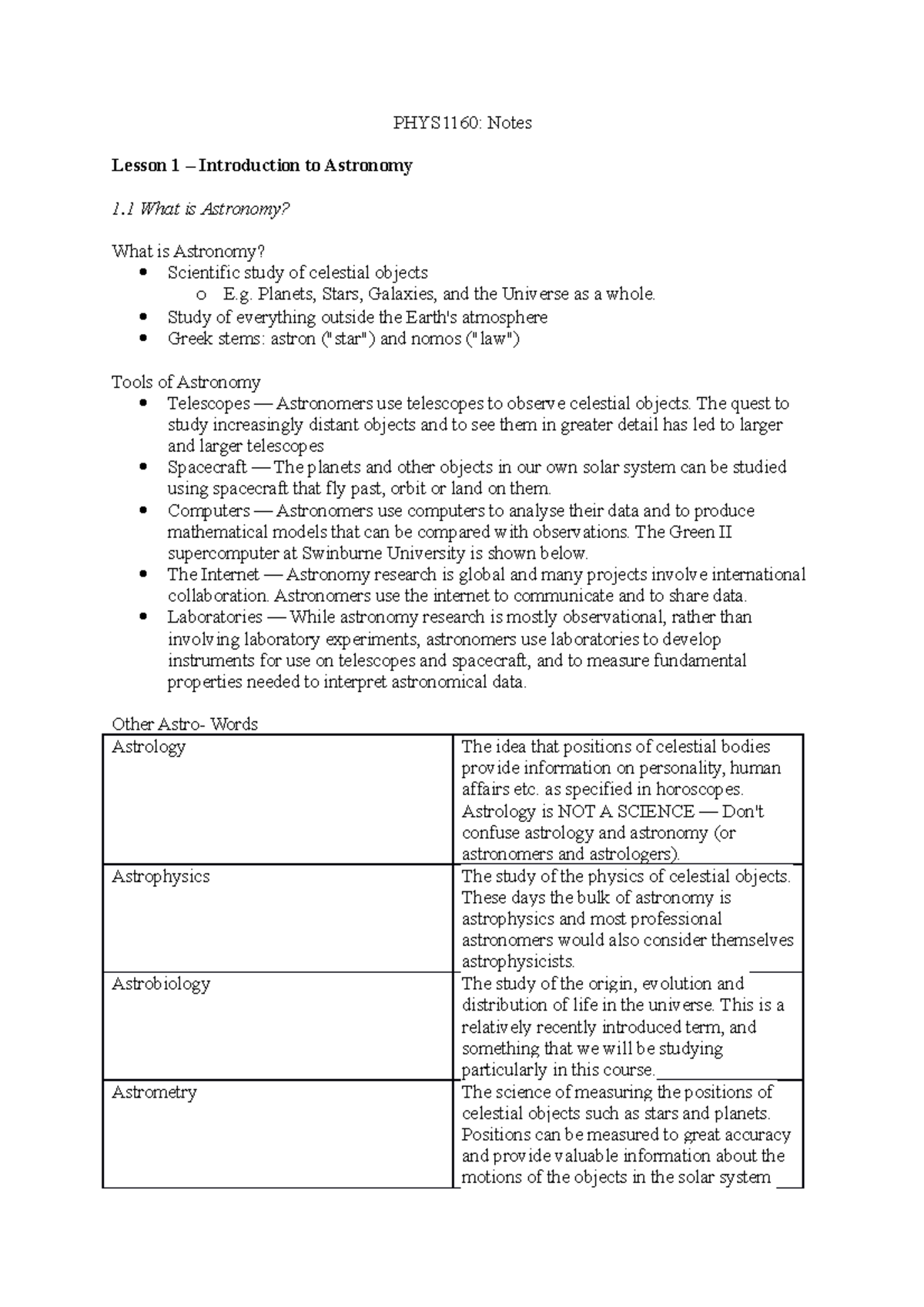 PHYS1160 Notes - PHYS1160: Notes Lesson 1 – Introduction to Astronomy 1 ...