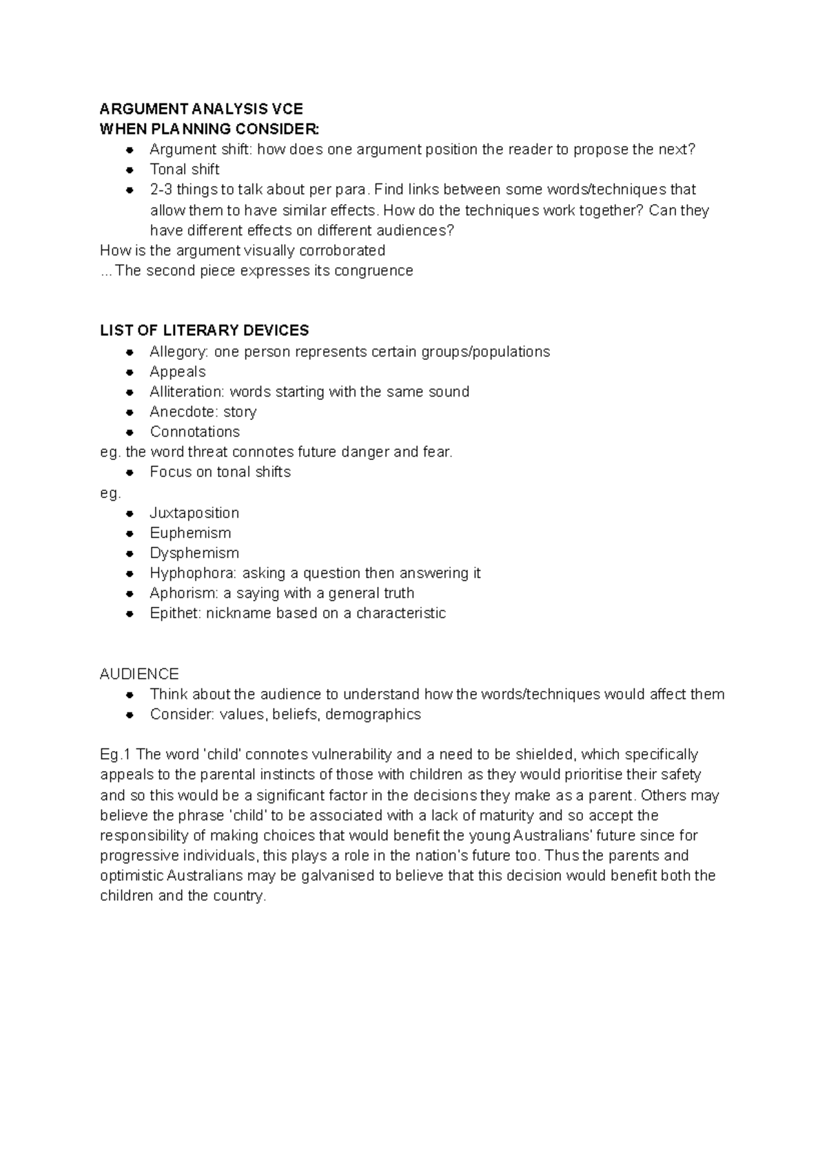 Argument Analysis Notes - ARGUMENT ANALYSIS VCE WHEN PLANNING CONSIDER ...