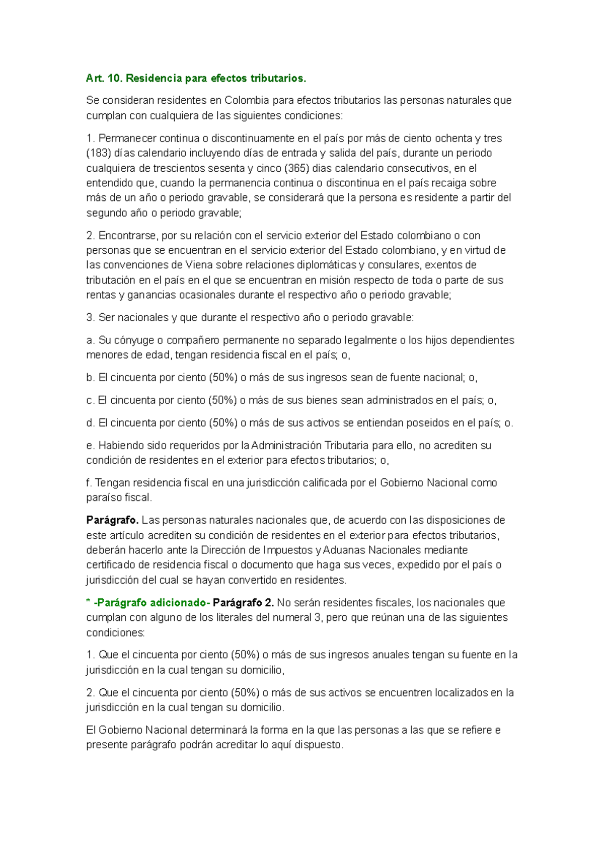 Articulos E T Art 10 Residencia Para Efectos Tributarios Se 