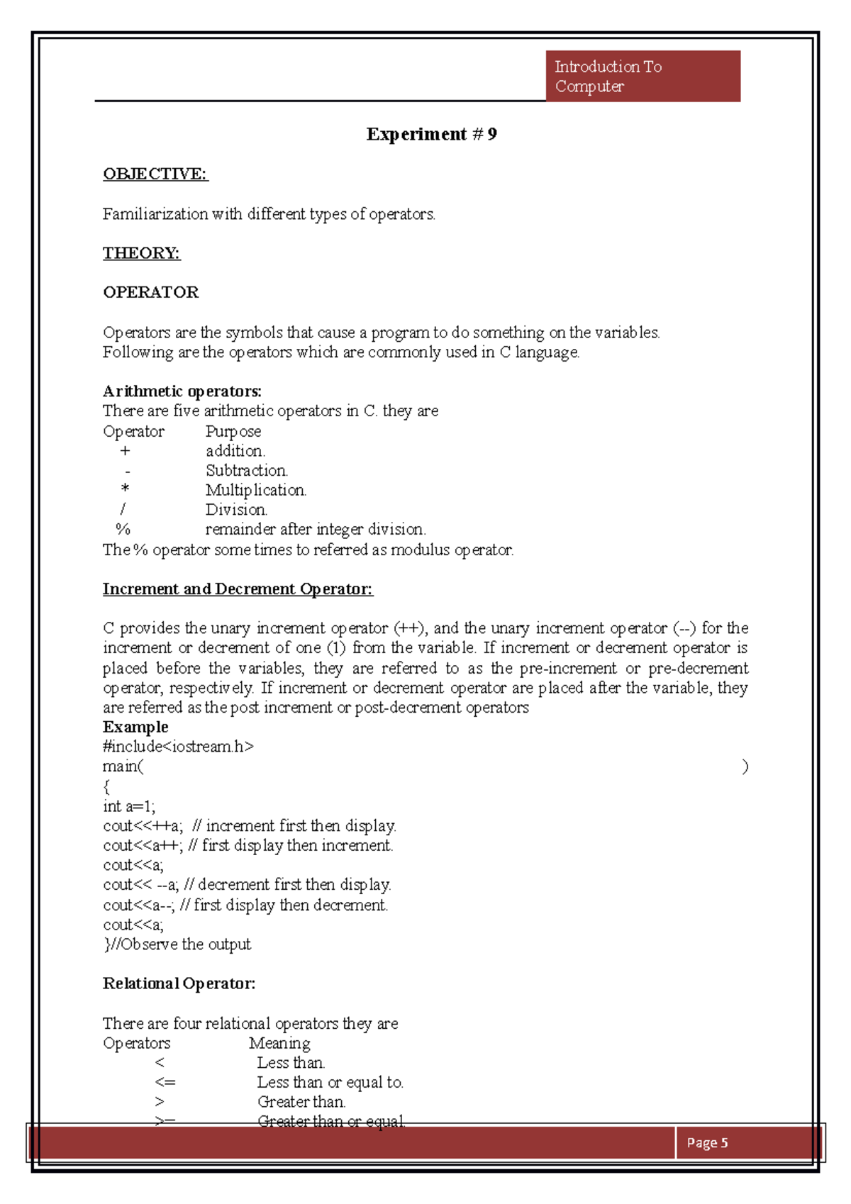 Lab9 This lab is based on the different operators which are used in