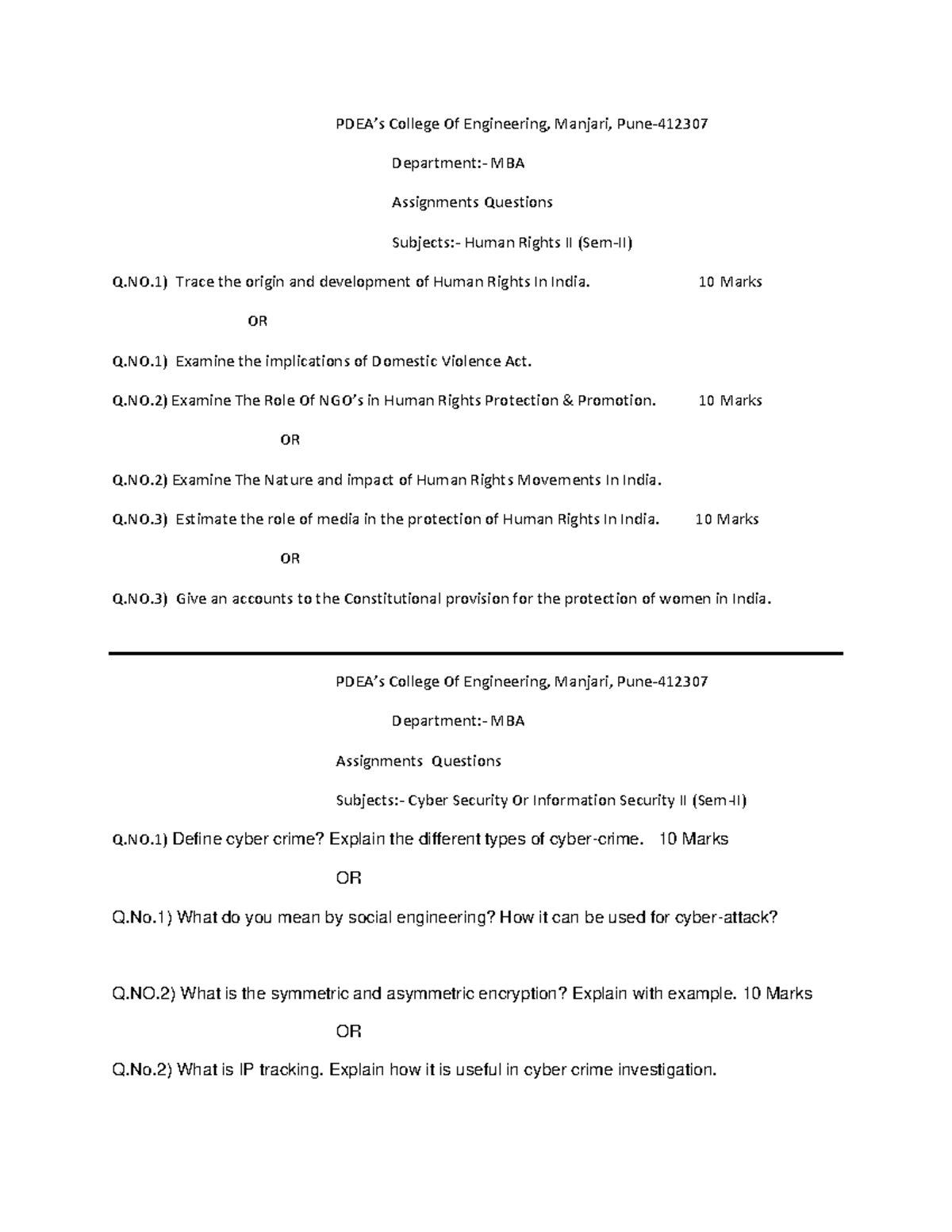 Assignments Questions For SEM 2 Human Rights and Cyber Security PDEA