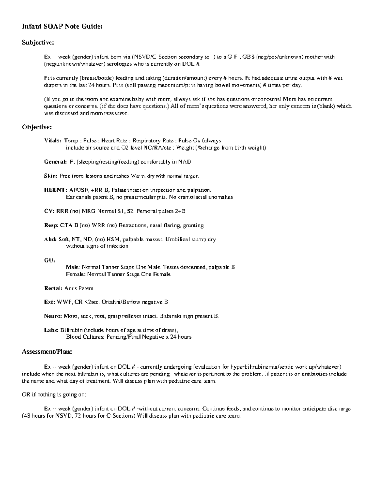 Infant Soap Note Template Infant SOAP Note Guide Subjective Ex