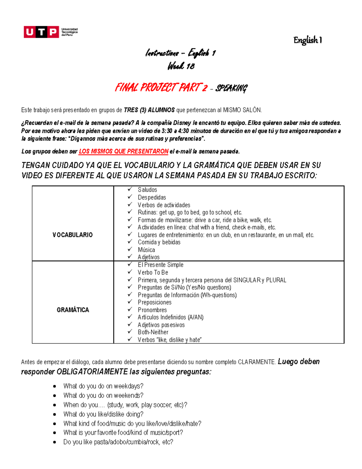 S18 - Final project part 1 - EI - English I Instructions – English 1 ...