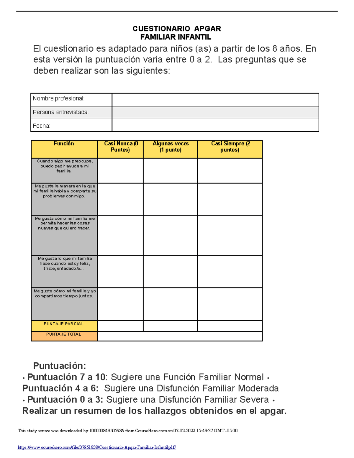 Apgar niños CUESTIONARIO APGAR FAMILIAR INFANTIL El cuestionario es adaptado para niños as a